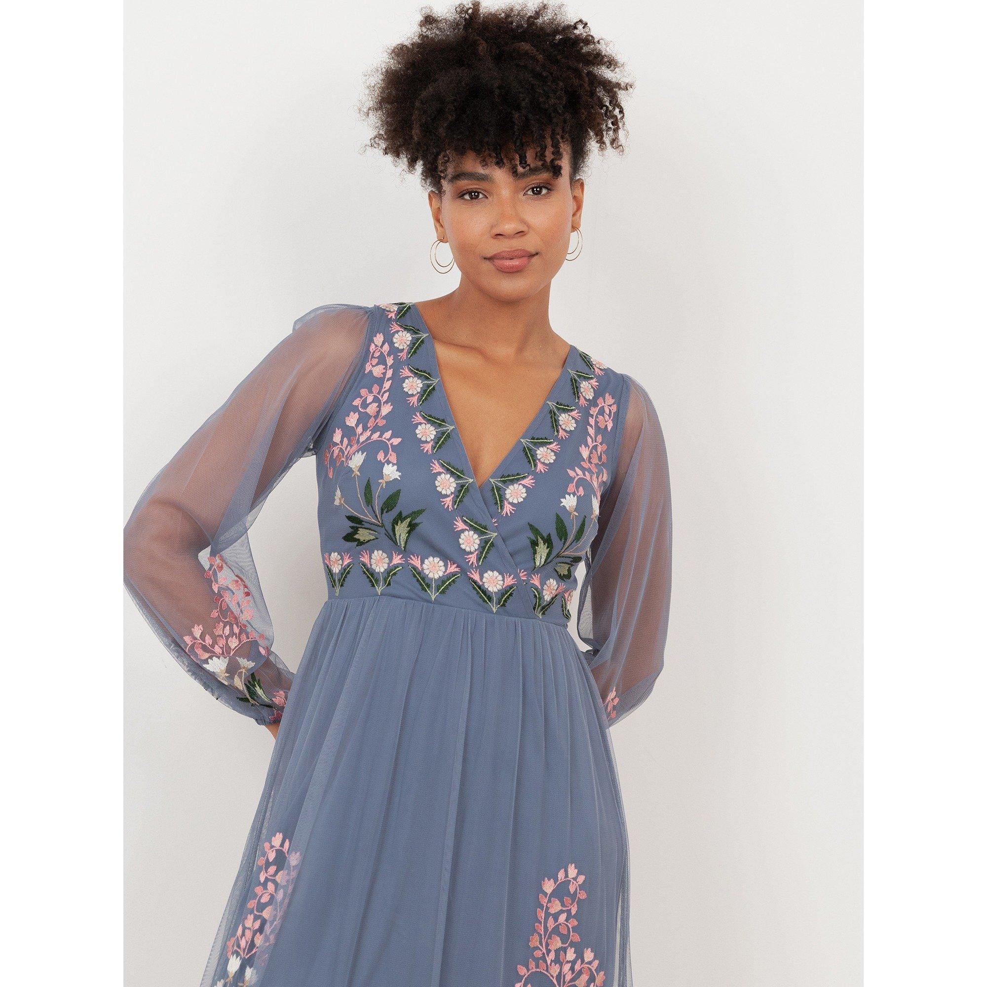 Blu Infinito - Maya Deluxe - Maya Infinity Blue Embroidered Faux Wrap Maxi Sleeve Midaxi Dress - 3