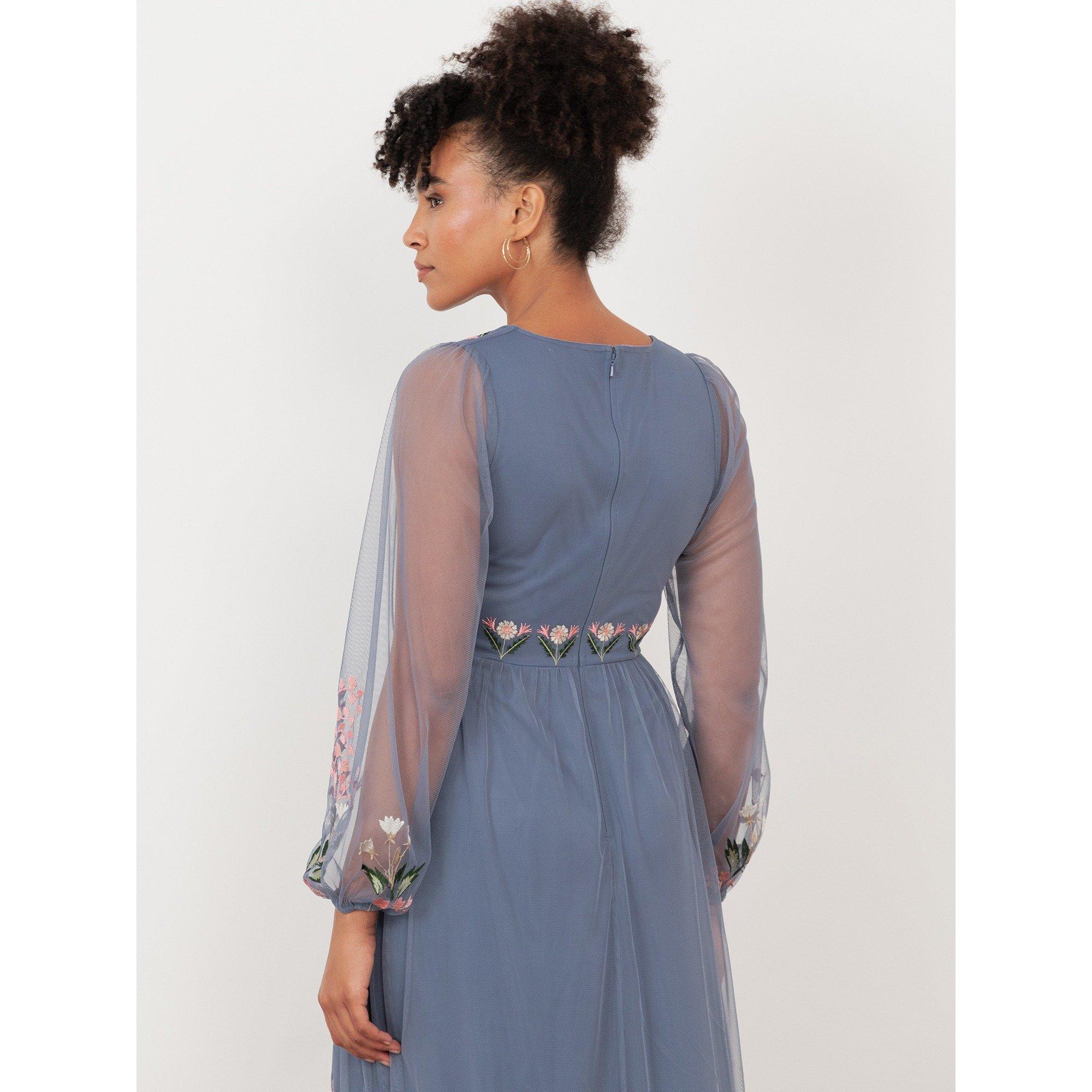 Blu Infinito - Maya Deluxe - Maya Infinity Blue Embroidered Faux Wrap Maxi Sleeve Midaxi Dress - 4