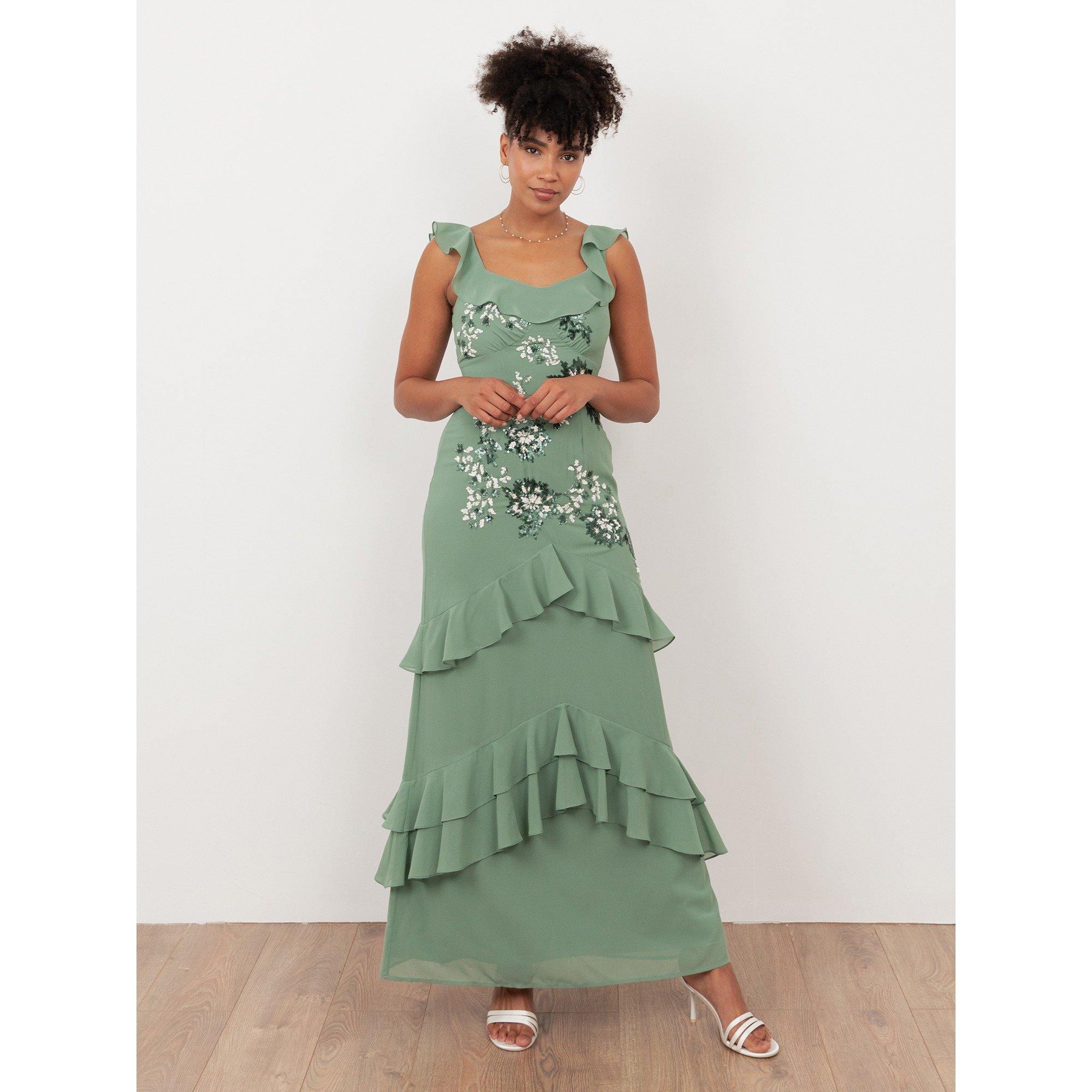 Salvia scuro - Maya Deluxe - Maya Dark Sage Green Embellished Ruffled Maxi Dress with Keyhole Back - 1