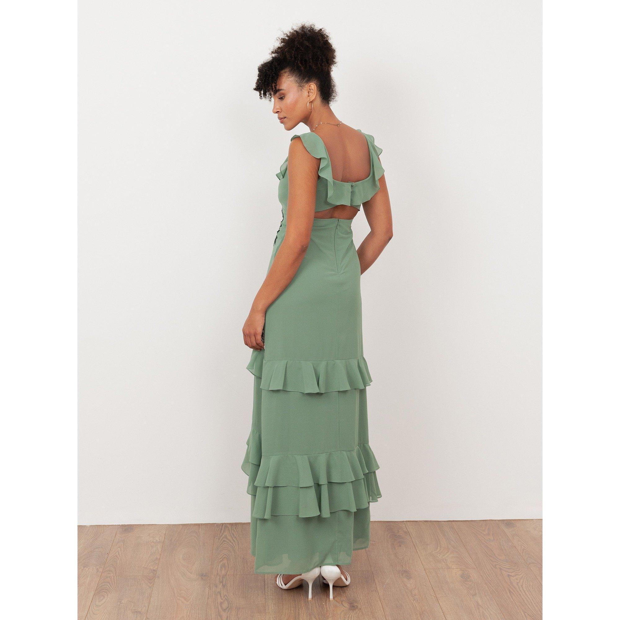 Salvia scuro - Maya Deluxe - Maya Dark Sage Green Embellished Ruffled Maxi Dress with Keyhole Back - 2