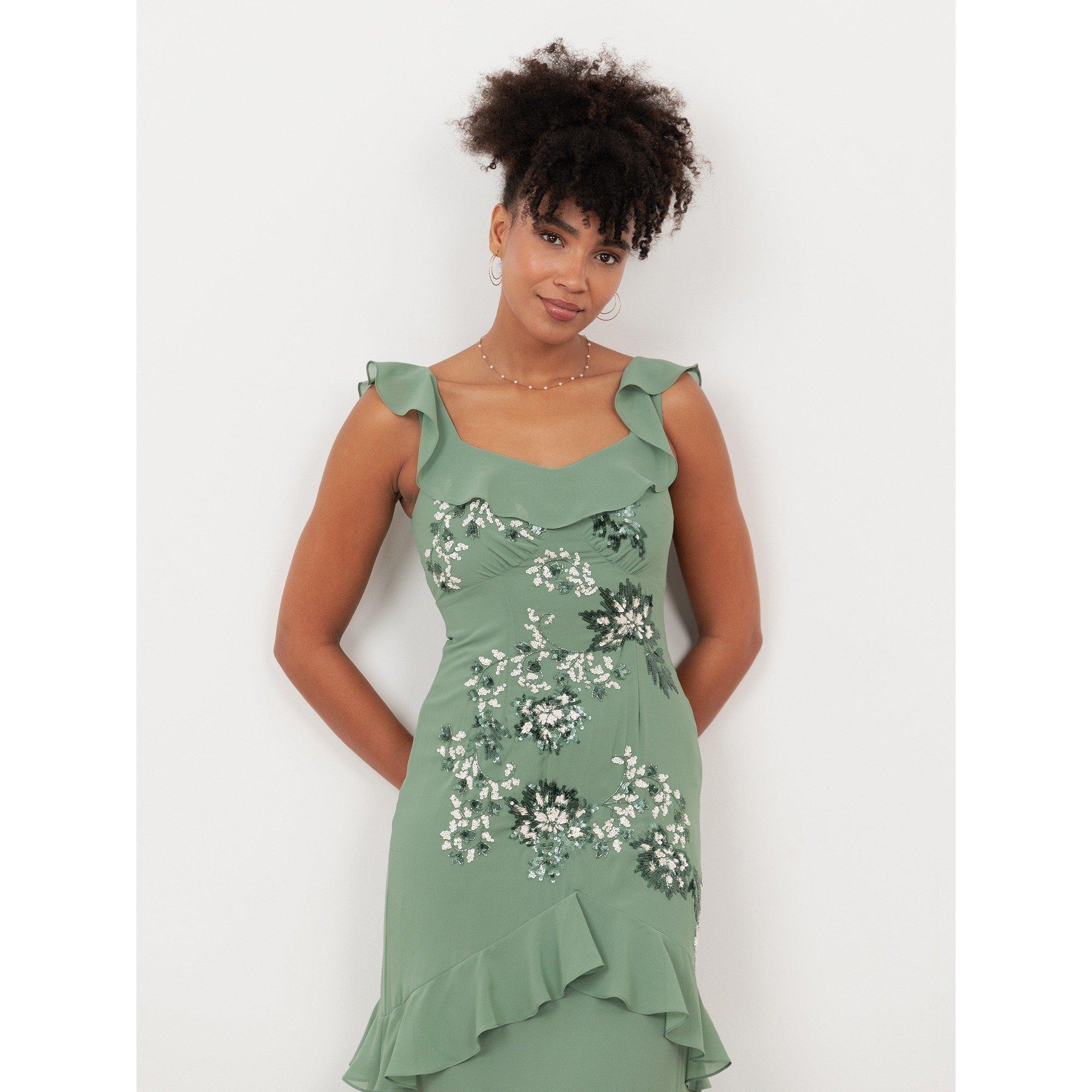 Salvia scuro - Maya Deluxe - Maya Dark Sage Green Embellished Ruffled Maxi Dress with Keyhole Back - 3