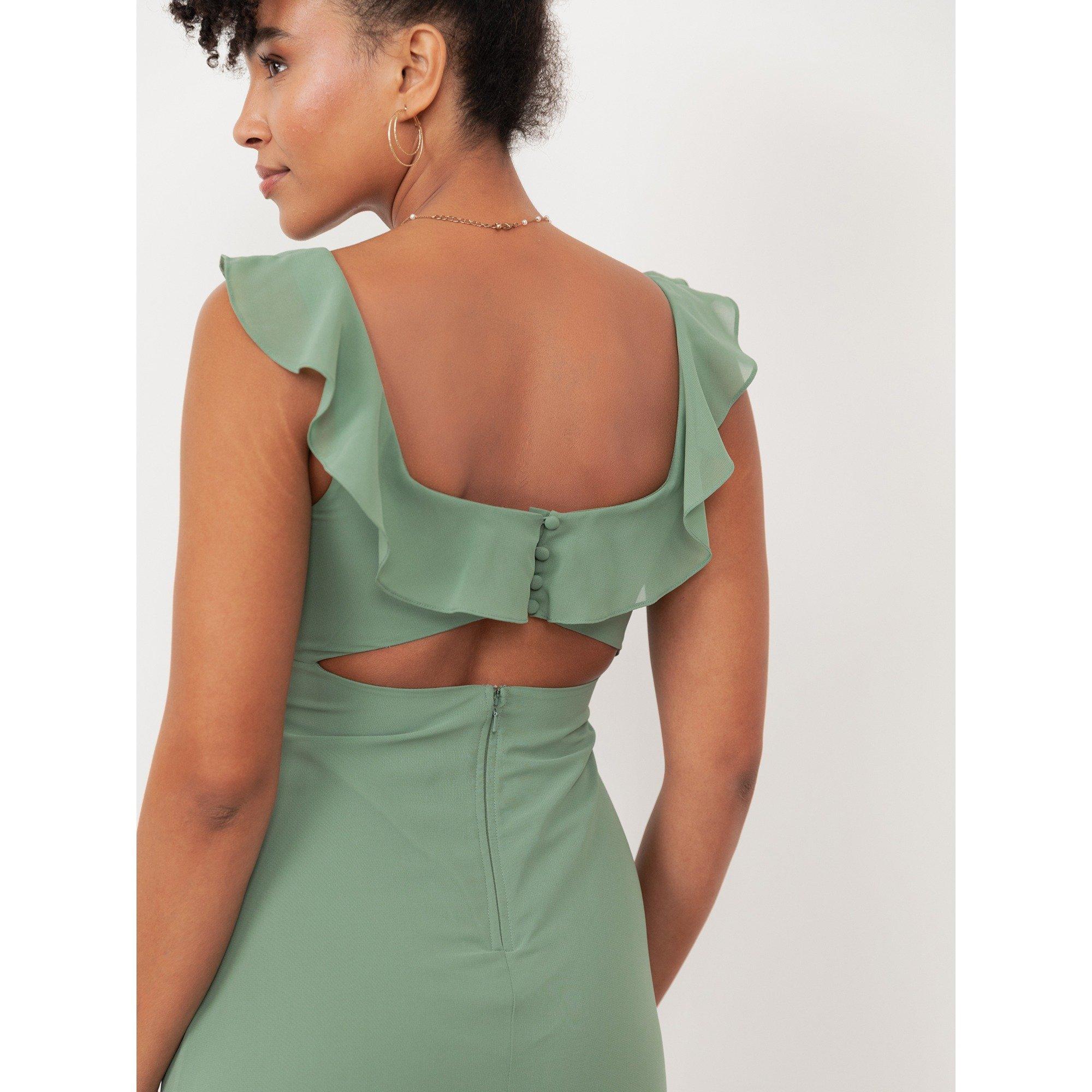 Salvia scuro - Maya Deluxe - Maya Dark Sage Green Embellished Ruffled Maxi Dress with Keyhole Back - 4
