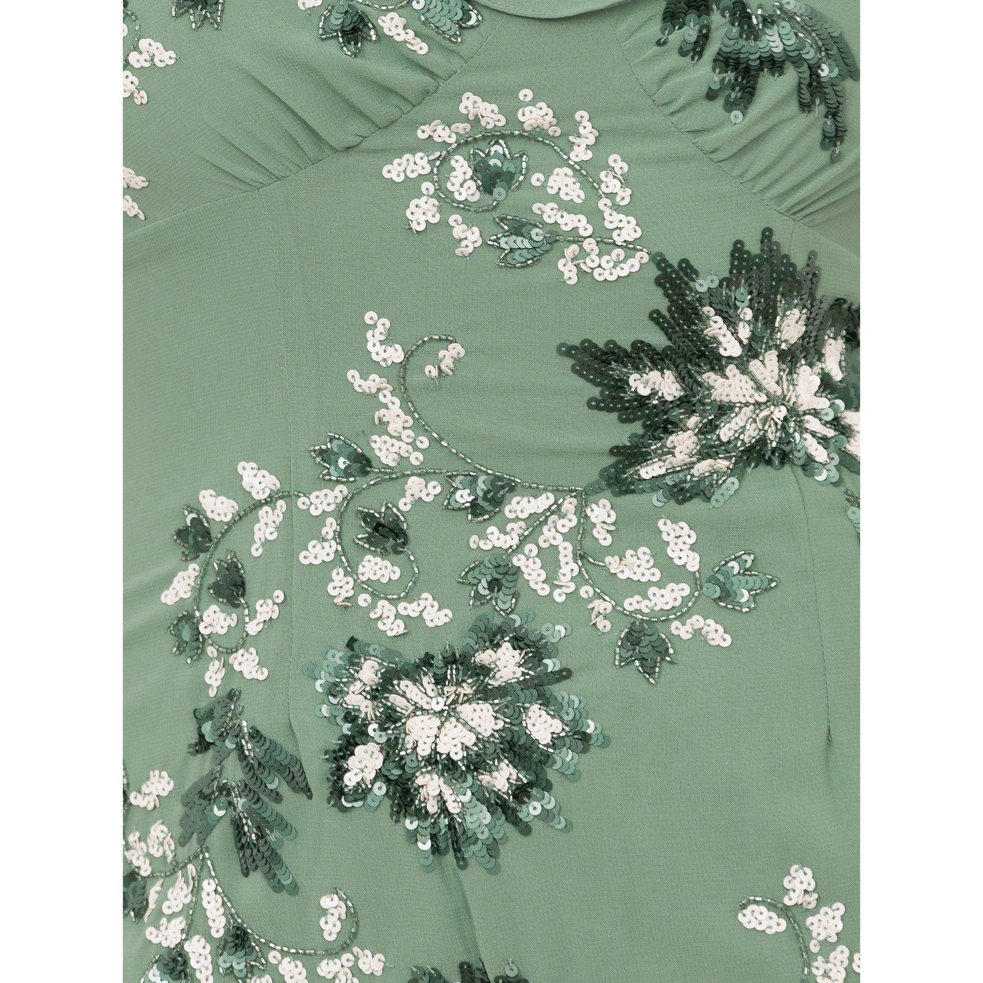 Salvia scuro - Maya Deluxe - Maya Dark Sage Green Embellished Ruffled Maxi Dress with Keyhole Back - 5