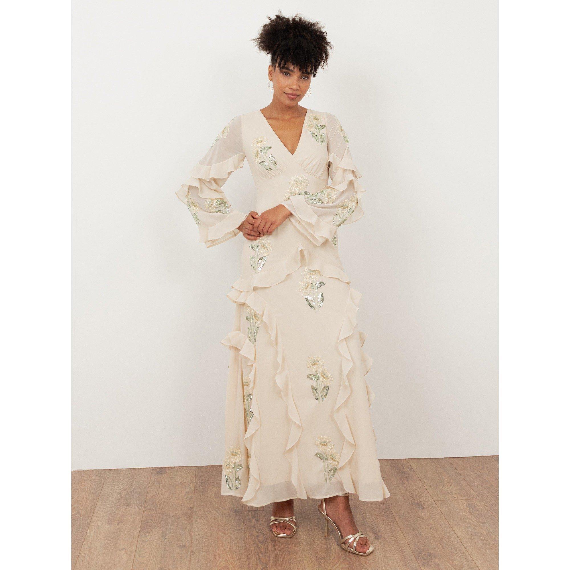 Maya Deluxe Women's Maya Embellished Maxi Sleeve Ruffle Maxi Dress Vanilla - 10 (S)
