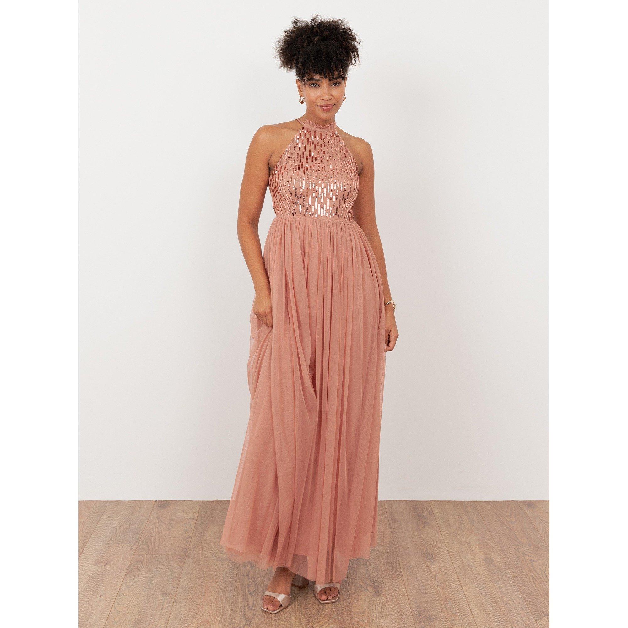 Terracotta Pink - Maya Deluxe - Maya Terracotta Pink Linear Embellished Halter Neck Maxi Dress - 1