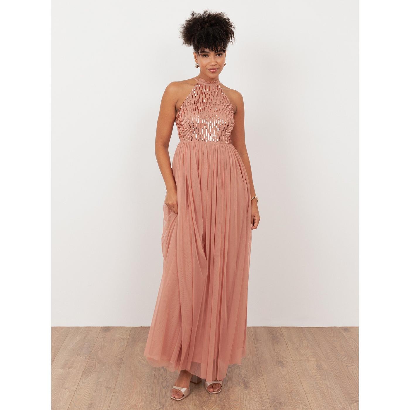 maya halter dress in pink sequin Maya Petite halterneck open back all over sequin maxi dress in rose pink