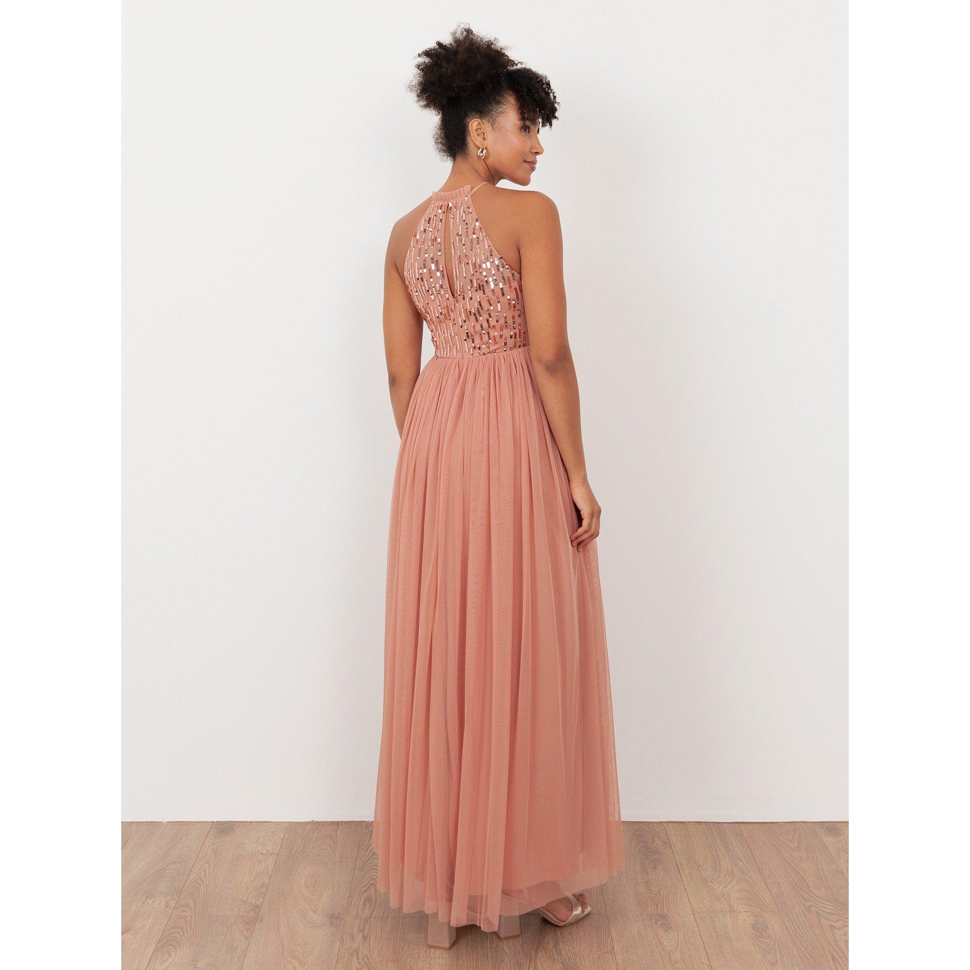 Maya Deluxe Maya Terracotta Pink Linear Embellished Halter Neck Maxi Dress | USC Maya Deluxe Maya Terracotta Pink Linear Embellished Halter Neck Maxi Dress | USC