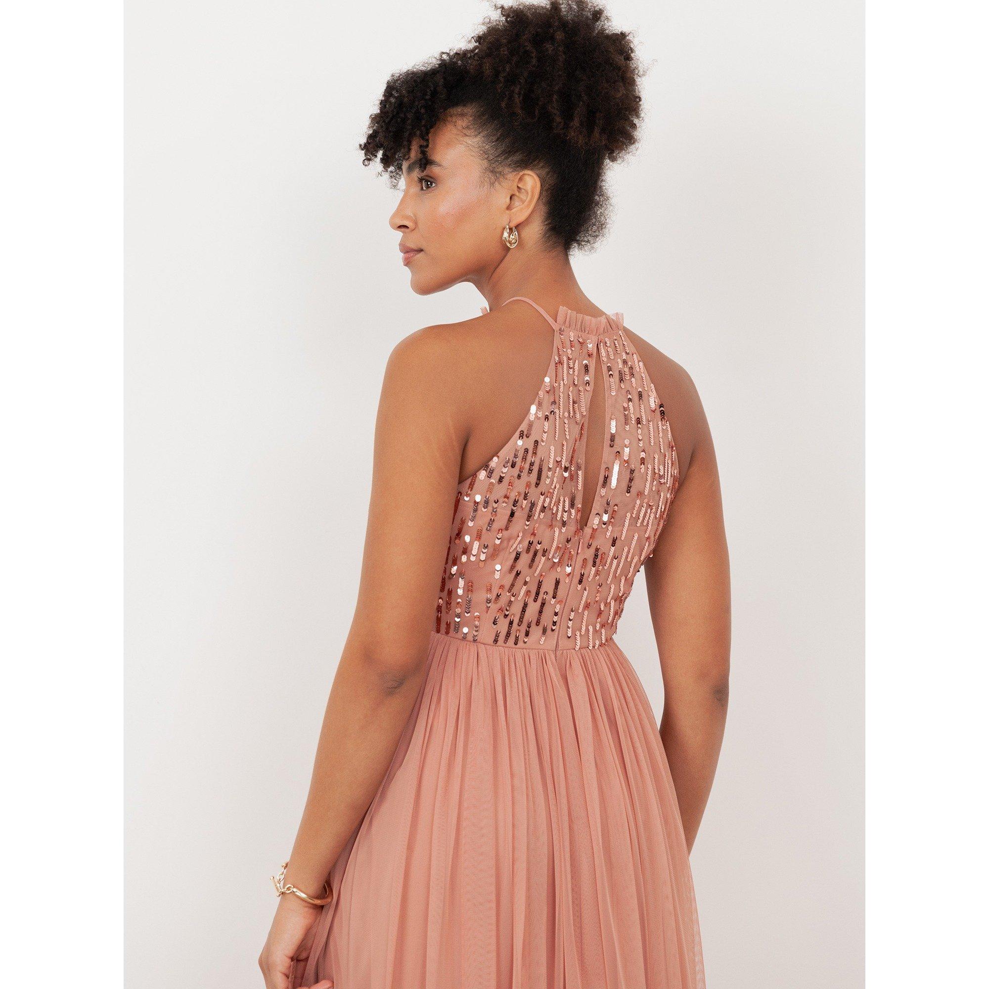 Terracotta Pink - Maya Deluxe - Maya Terracotta Pink Linear Embellished Halter Neck Maxi Dress - 4