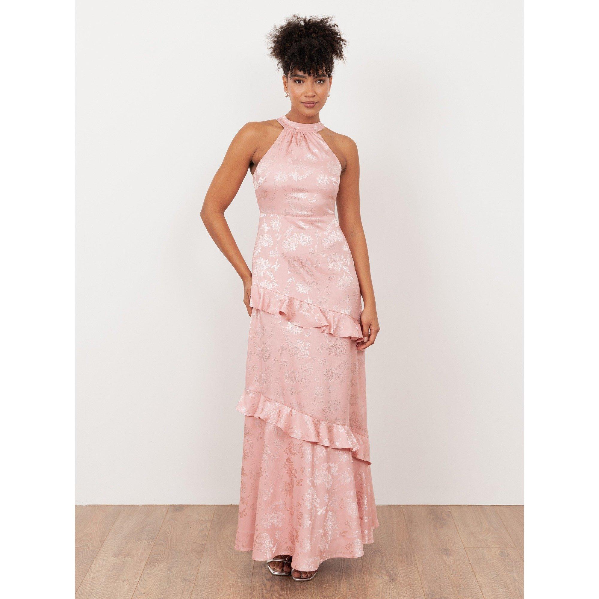 Soft Pink - Maya Deluxe - Maya Soft Pink Floral Jacquard Satin Halter Neck Maxi Dress - 1
