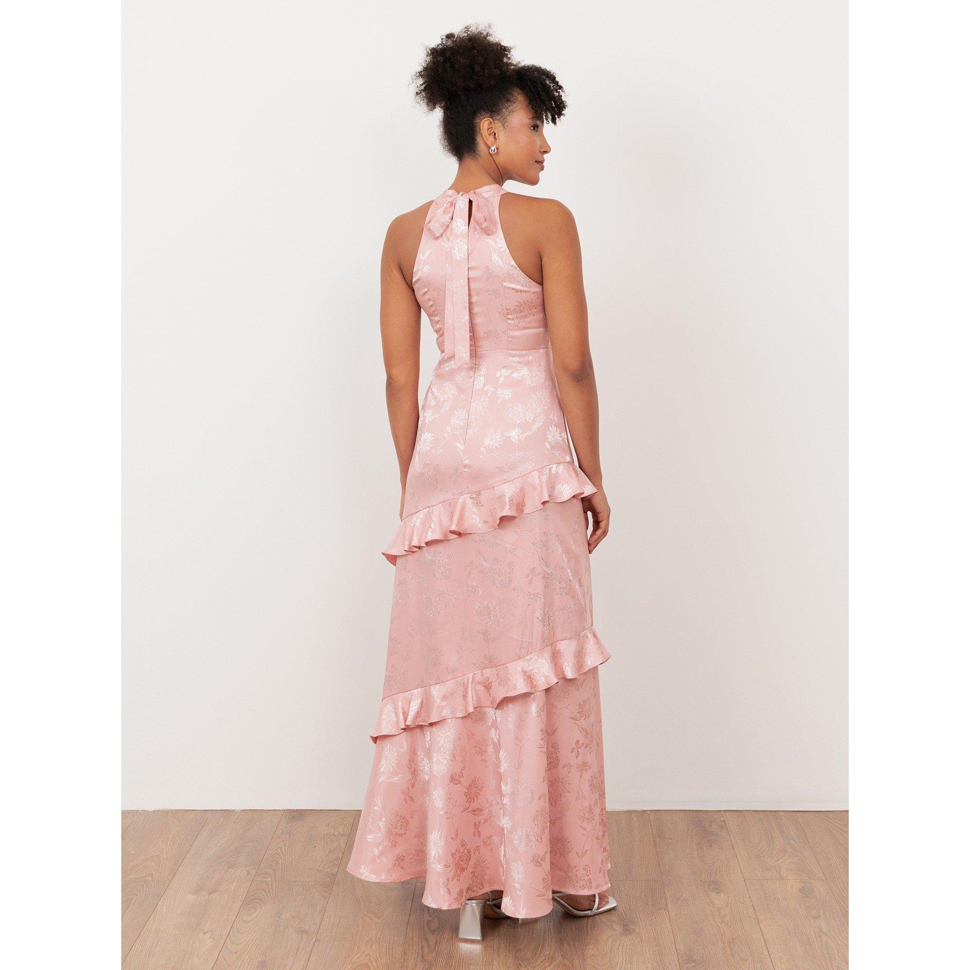 Rosa Suave - Maya Deluxe - Maya Soft Pink Floral Jacquard Satin Halter Neck Maxi Dress - 2