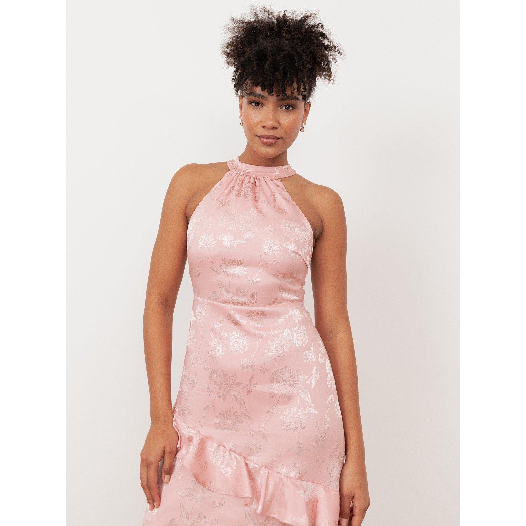 Maya Deluxe | Maya Soft Pink Floral Jacquard Satin Halter Neck Maxi ...
