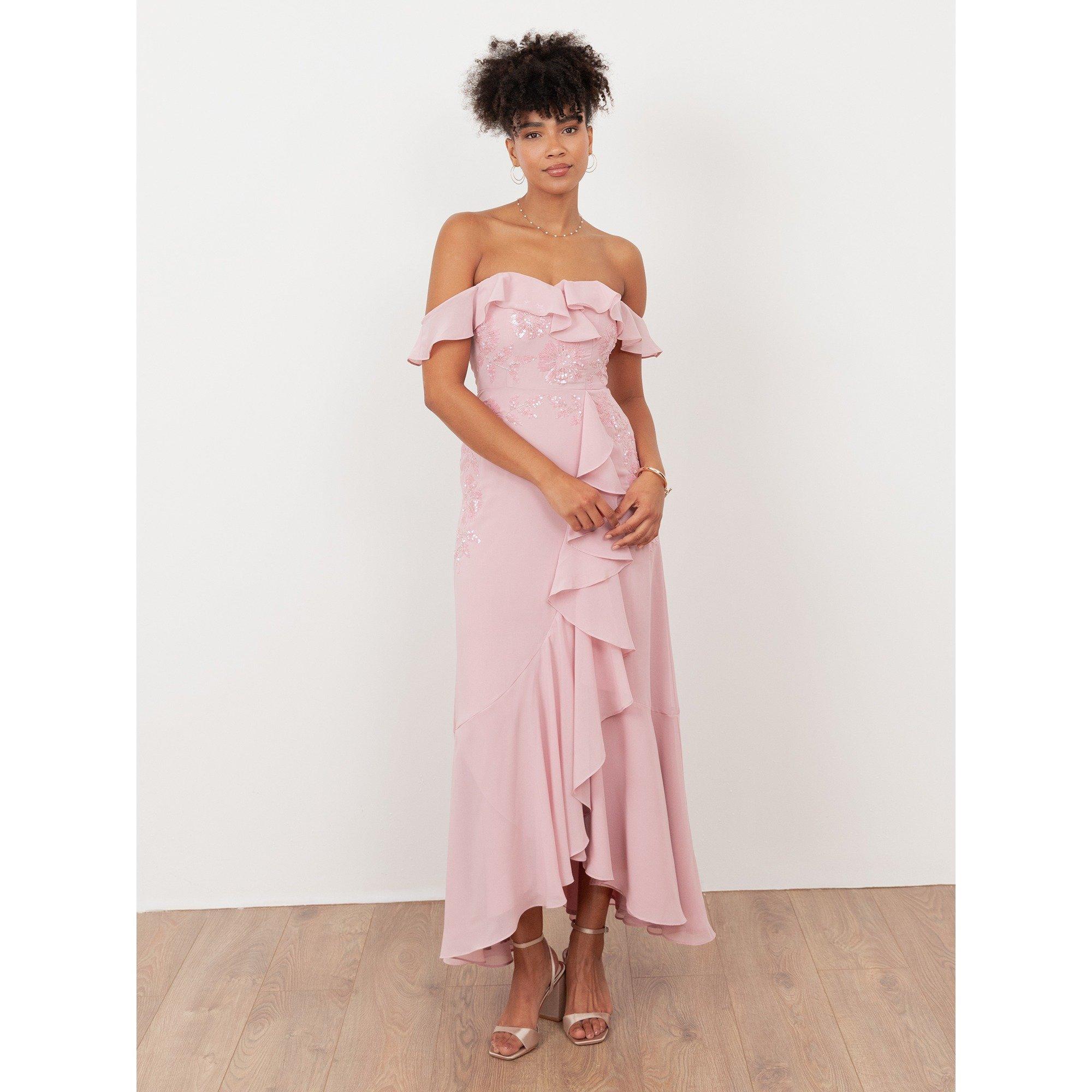 Soft Pink - Maya Deluxe - Maya Soft Pink Embellished Faux Wrap Bardot Midaxi Dress - 1