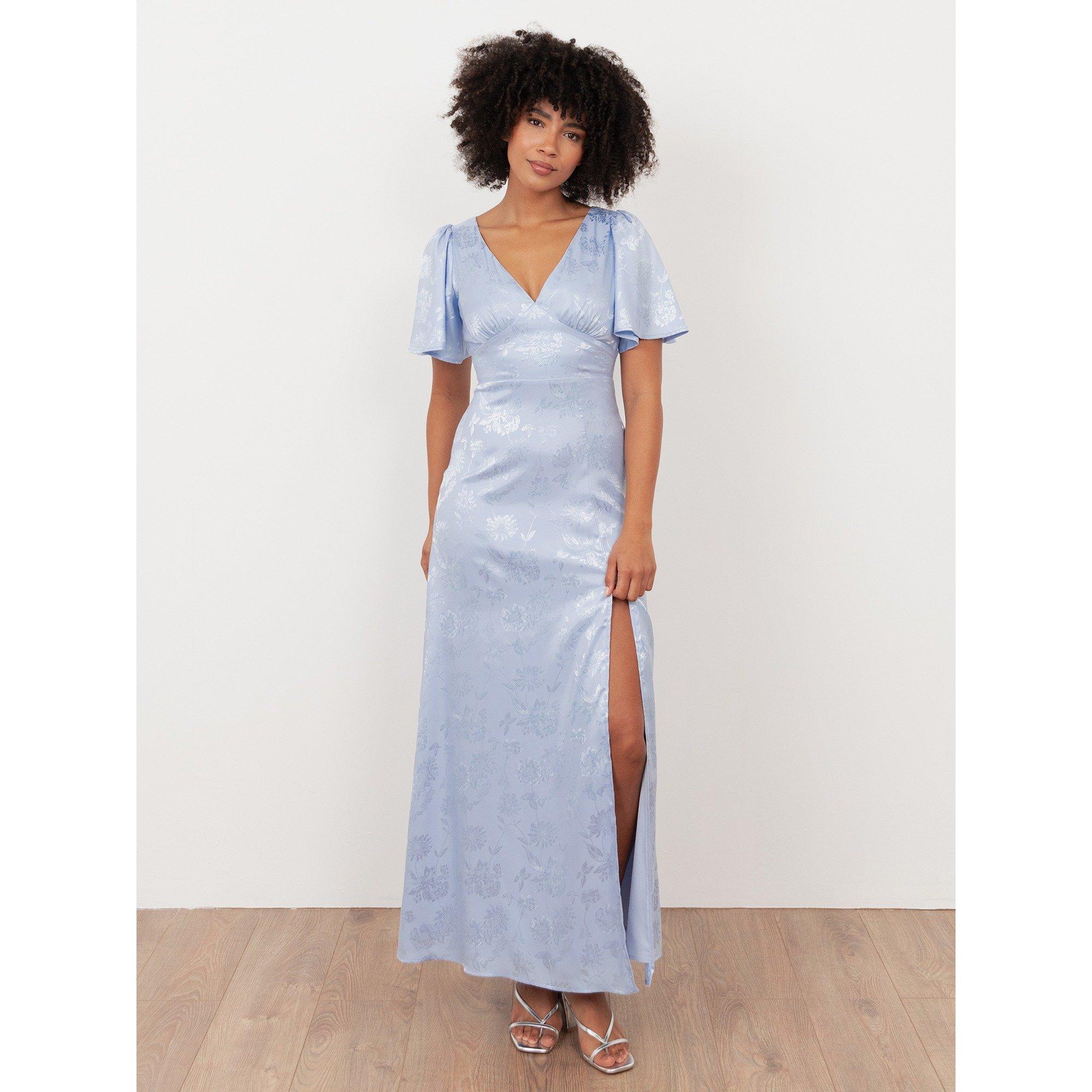 Pastel Blue - Maya Deluxe - Maya Pastel Blue Floral Jacquard Satin Maxi Dress - 1