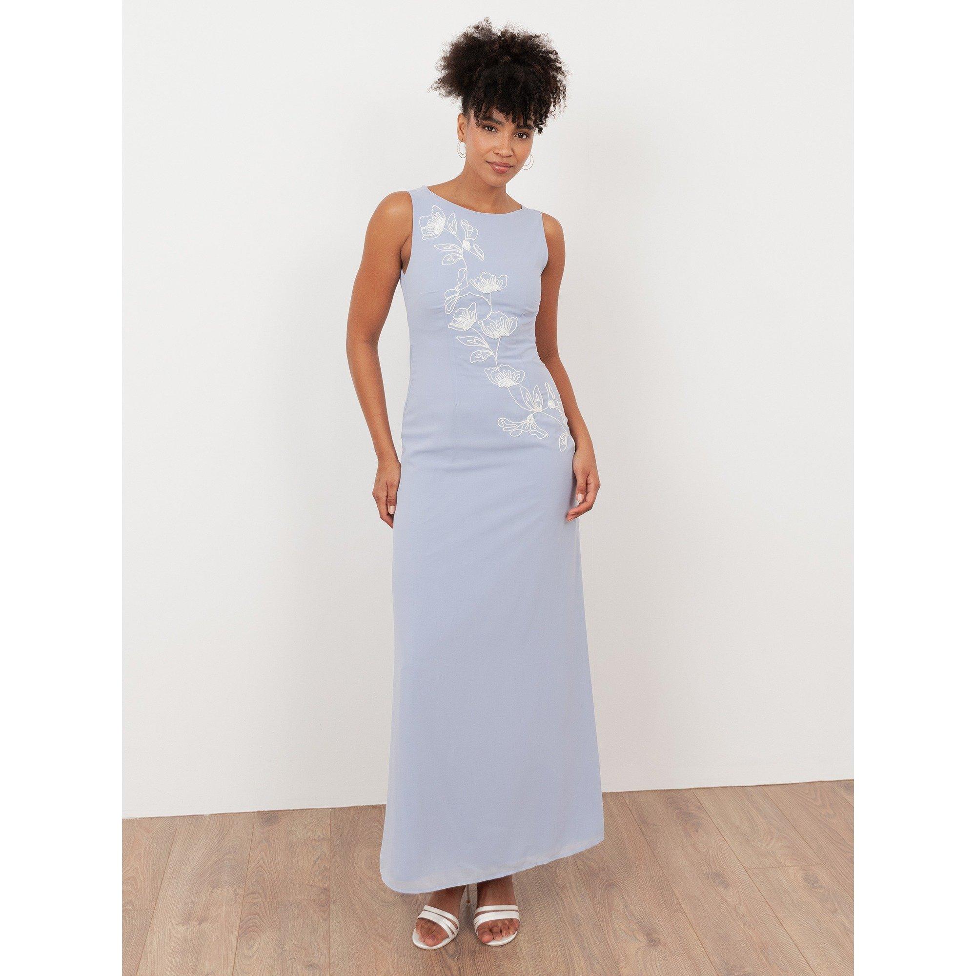Pastel Blue - Maya Deluxe - Maya Pastel Blue Floral Embroidered Cowl Back Maxi Dress - 1