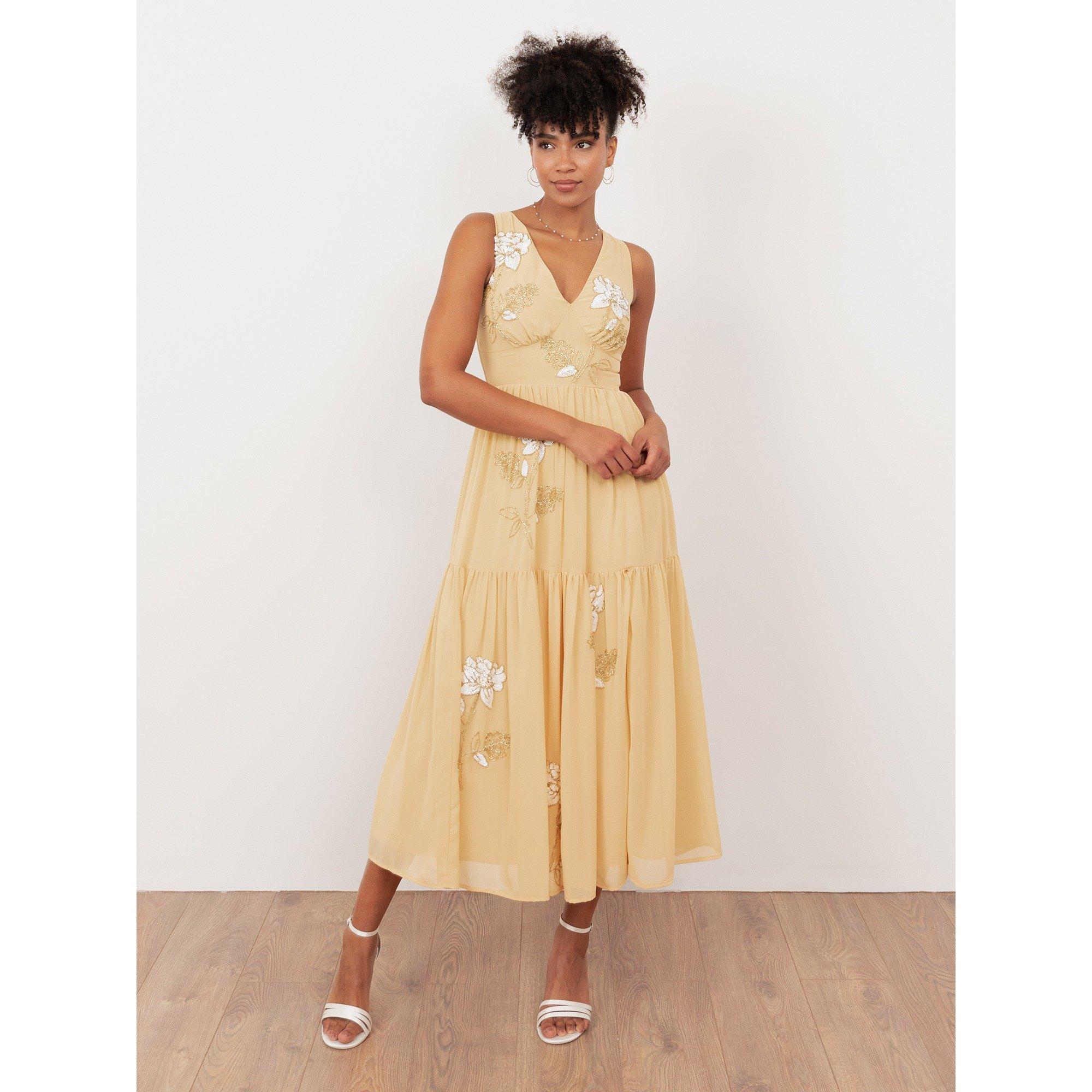Maya Deluxe Women's Maya Floral Embellished V Neck Midaxi Dress With Split Buttercream - 10 (S)