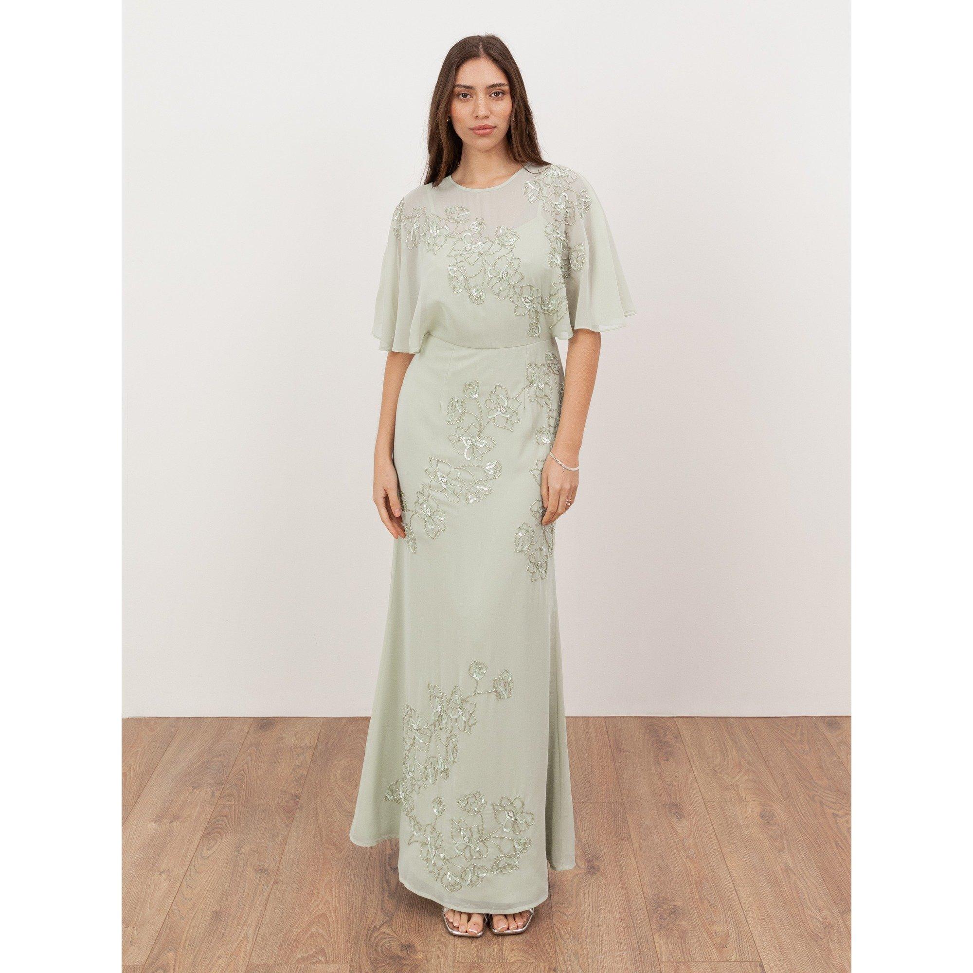 Meadow Green - Maya Deluxe - Maya Meadow Green Floral Embellished Angel Sleeve Maxi Dress - 1