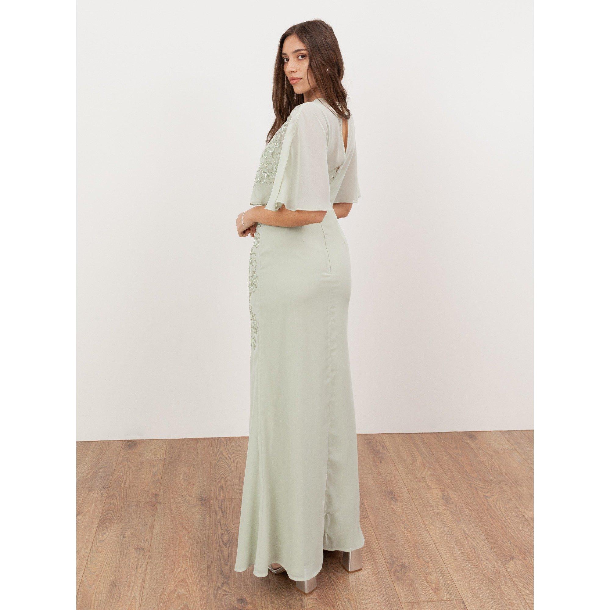 Verde Prado - Maya Deluxe - Maya Meadow Green Floral Embellished Angel Sleeve Maxi Dress - 2