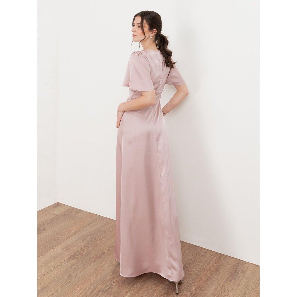 Soft Pink - Maya Deluxe - Womens Angel Sleeve Satin Occasion Maxi Dress With Split - 2