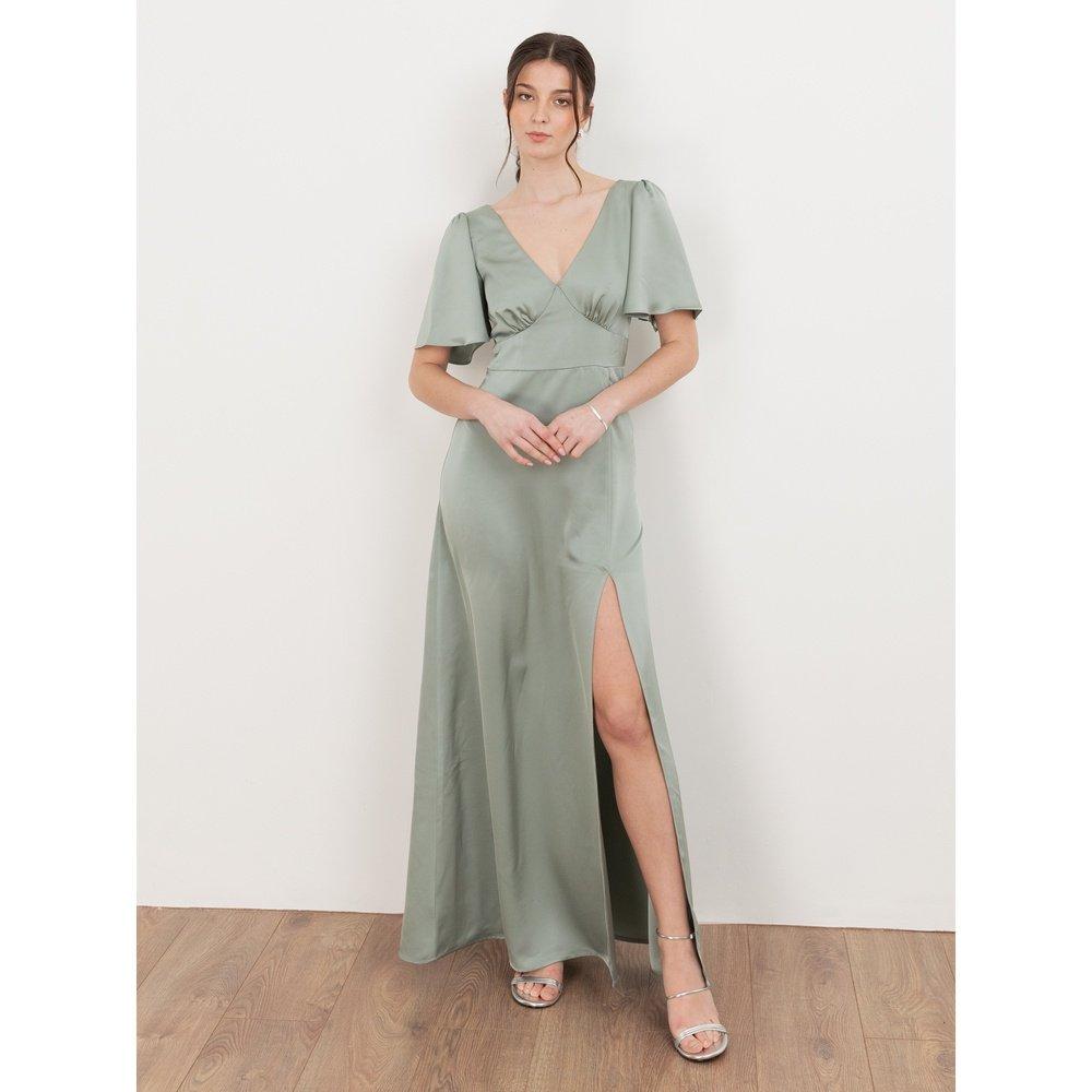 Sage Green - Maya Deluxe - Womens Angel Sleeve Satin Bridesmaid Maxi Dress With Split - 1