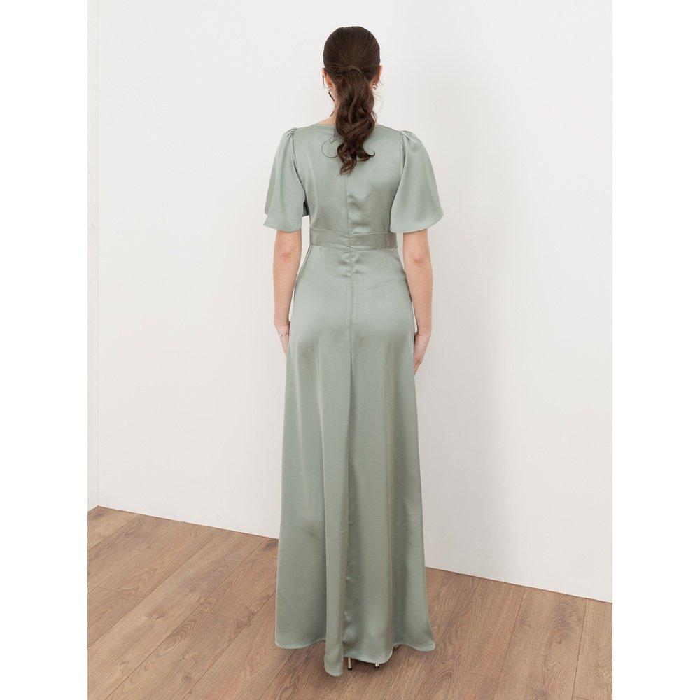 Sage Green - Maya Deluxe - Womens Angel Sleeve Satin Bridesmaid Maxi Dress With Split - 2