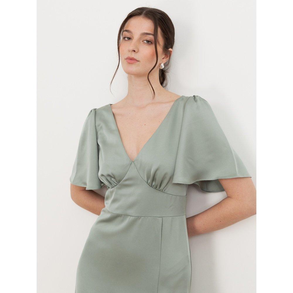 Sage Green - Maya Deluxe - Womens Angel Sleeve Satin Bridesmaid Maxi Dress With Split - 3