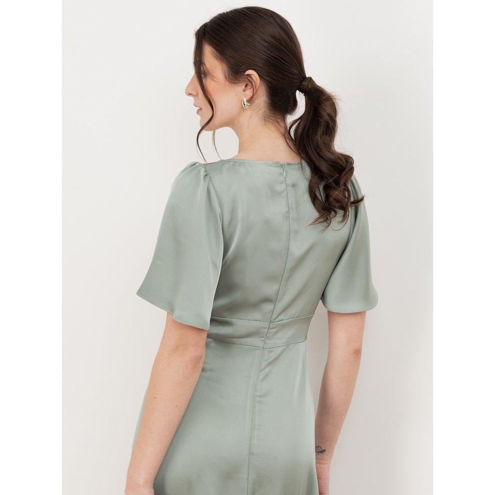 Sage Green - Maya Deluxe - Womens Angel Sleeve Satin Bridesmaid Maxi Dress With Split - 4