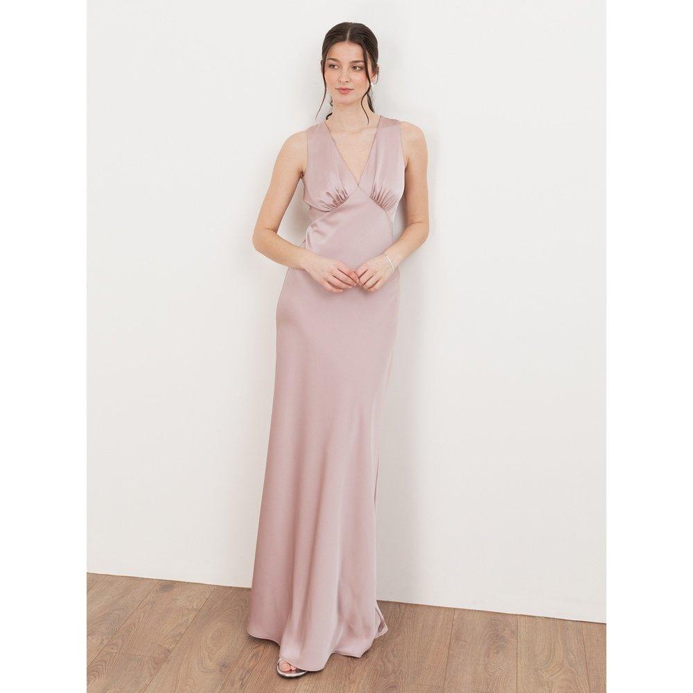 Womens V Neck Open Back Satin Bridesmaid Maxi Dress