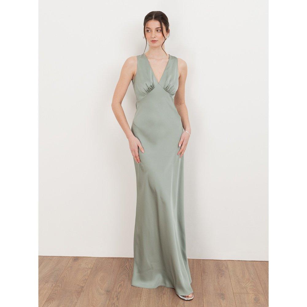 Sage Green - Maya Deluxe - Womens V Neck Open Back Satin Bridesmaid Maxi Dress - 1