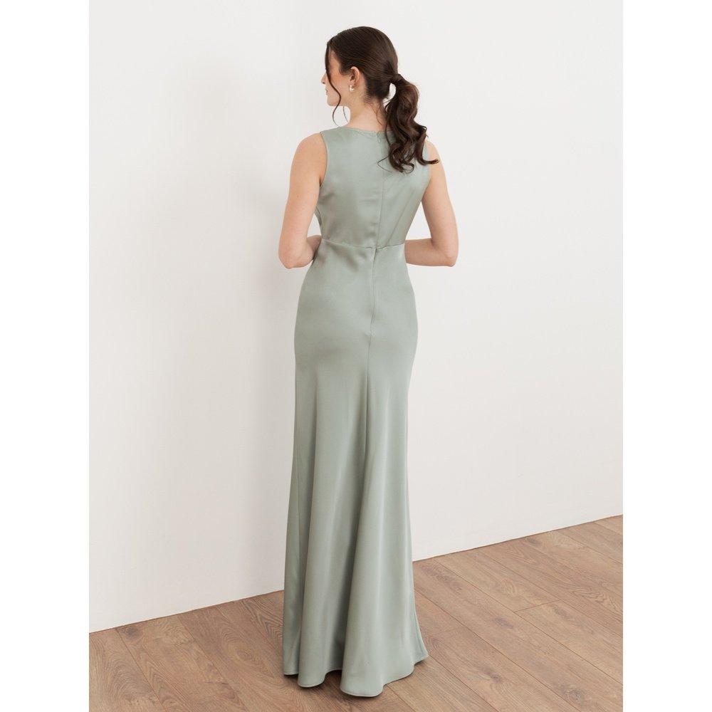 Sage Green - Maya Deluxe - Womens V Neck Open Back Satin Bridesmaid Maxi Dress - 2