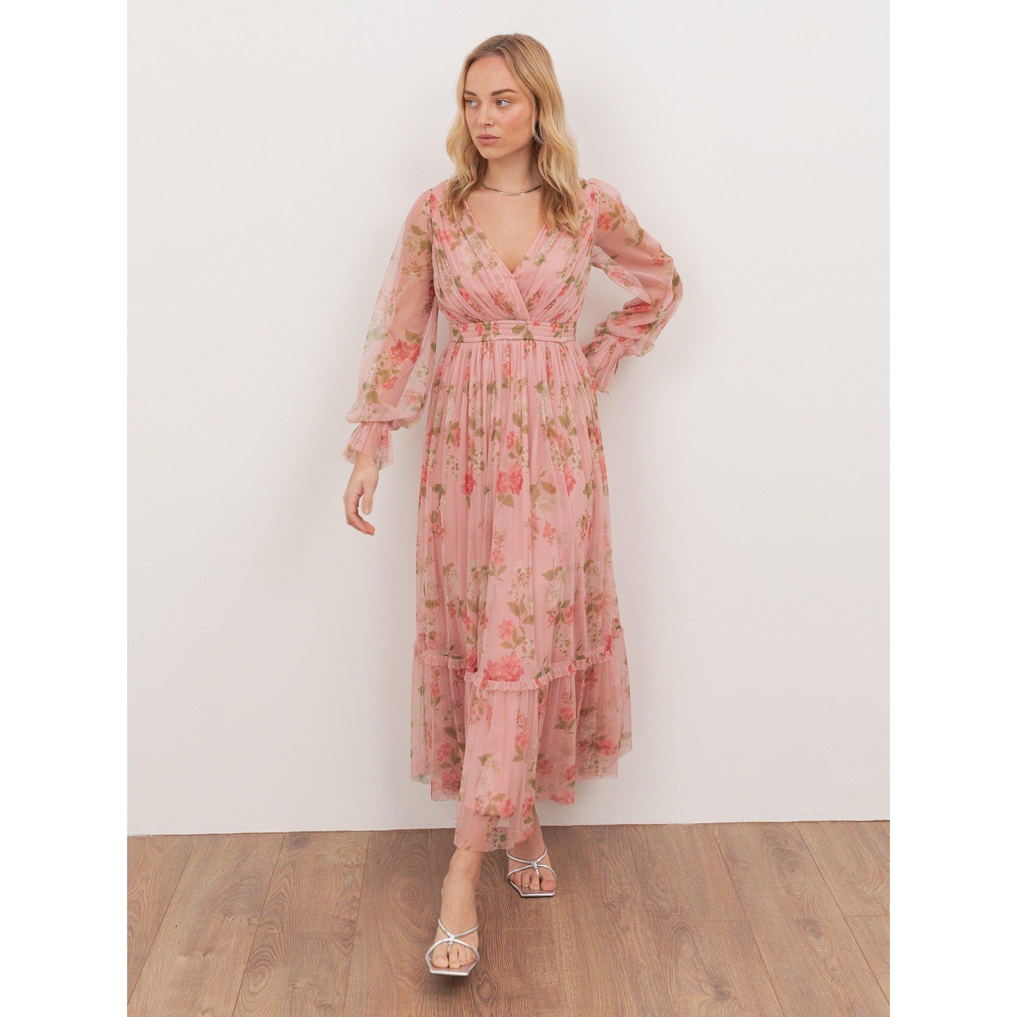 Pink Rom Floral - Anaya With Love - Anaya With Love Recycled Pink Floral Print Faux Wrap Maxi Sleeve Midaxi Dress - 1