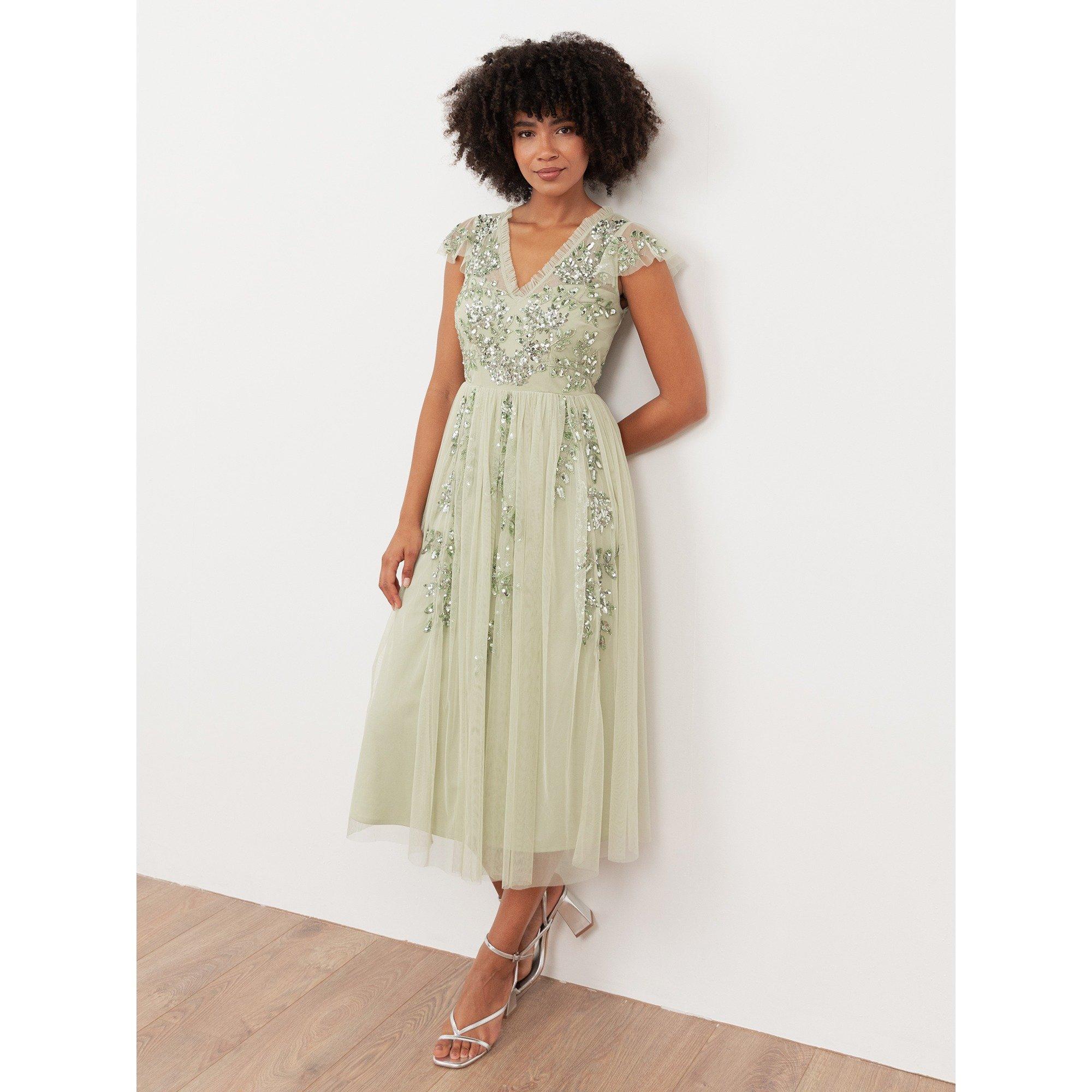 Meadow Grass - Maya Deluxe - Maya Meadow Green Embellished Tulle Midi Dress with Open Back - 1