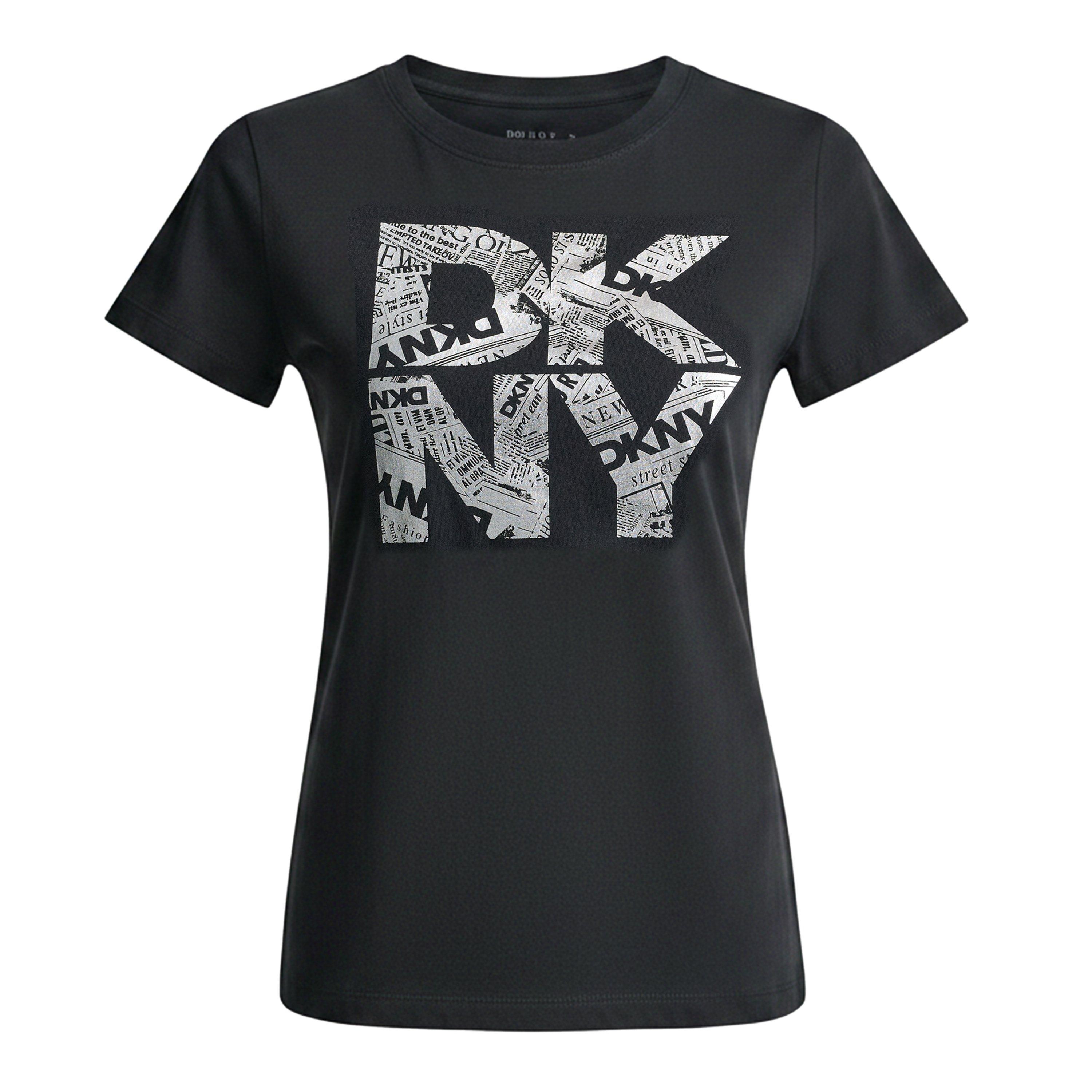 Sort/Sølv - DKNY - Womens Newsprint DKNY Stacked Logo Crew Neck Tee - 1