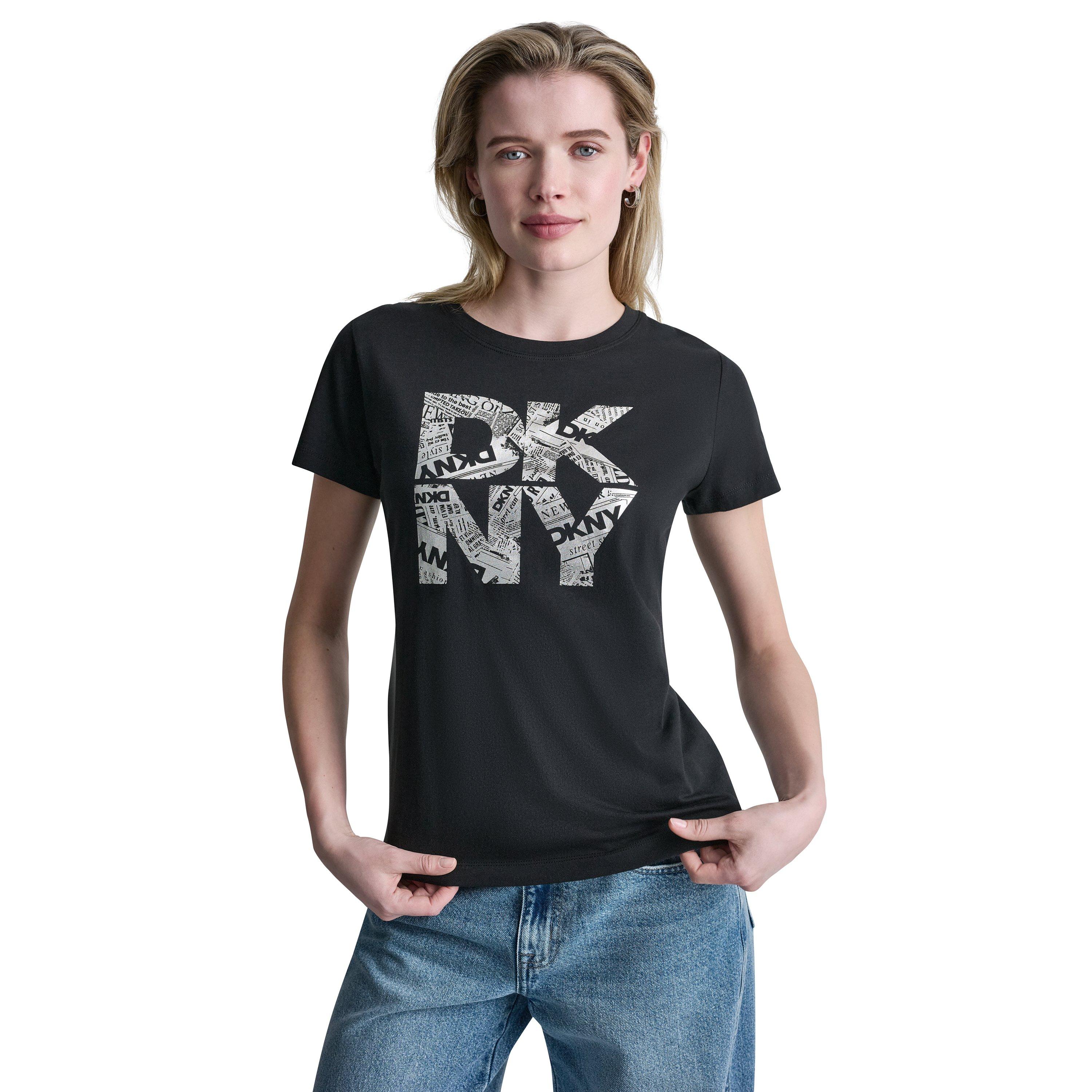 Sort/Sølv - DKNY - Womens Newsprint DKNY Stacked Logo Crew Neck Tee - 3
