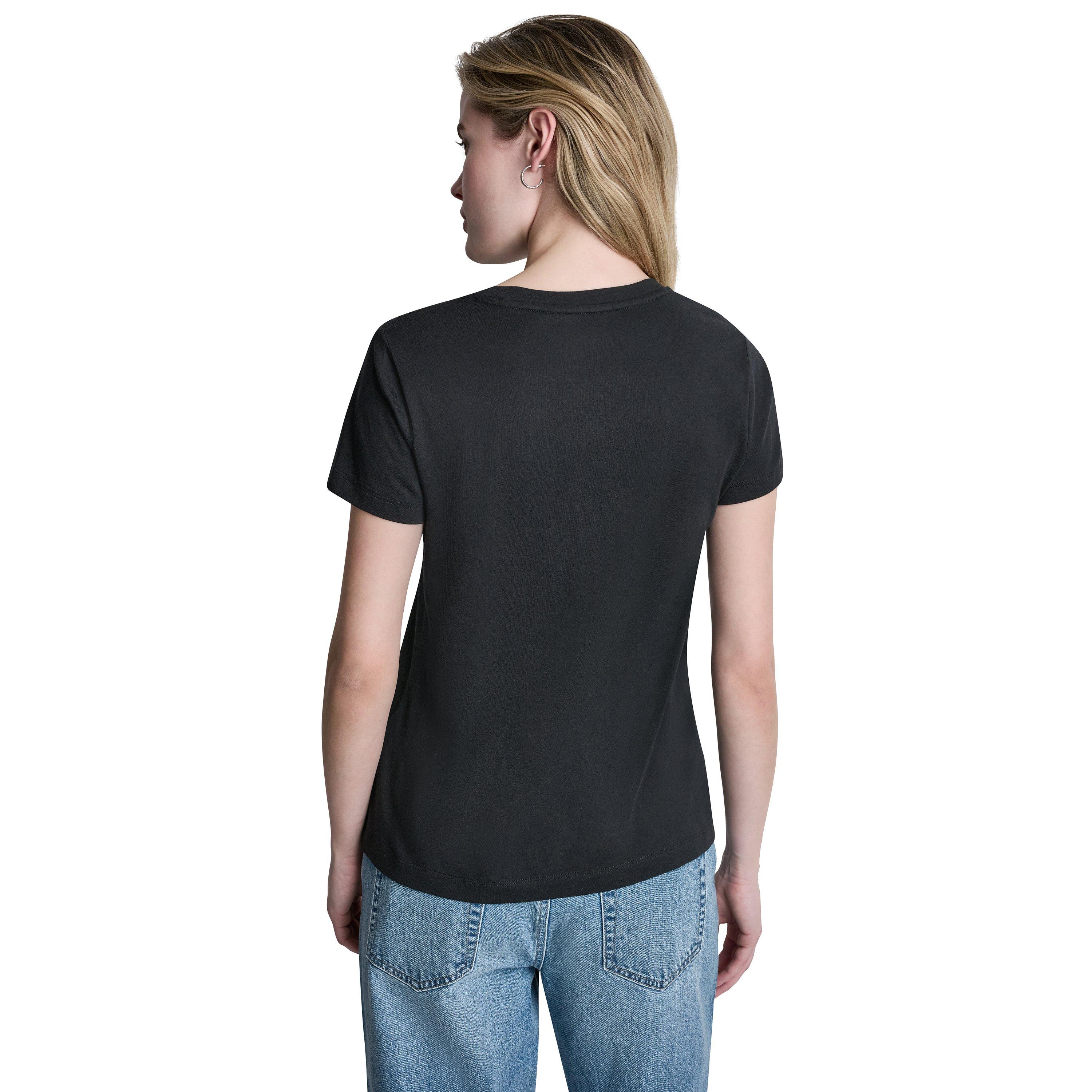 Sort/Sølv - DKNY - Womens Newsprint DKNY Stacked Logo Crew Neck Tee - 4