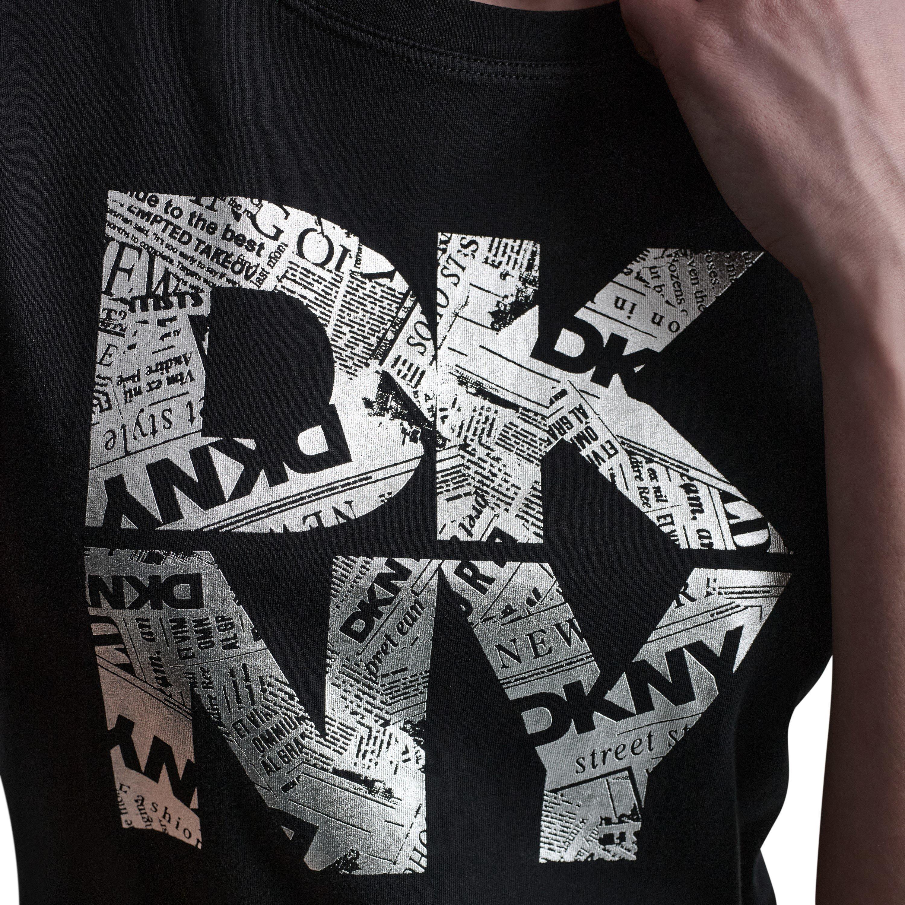 Sort/Sølv - DKNY - Womens Newsprint DKNY Stacked Logo Crew Neck Tee - 5