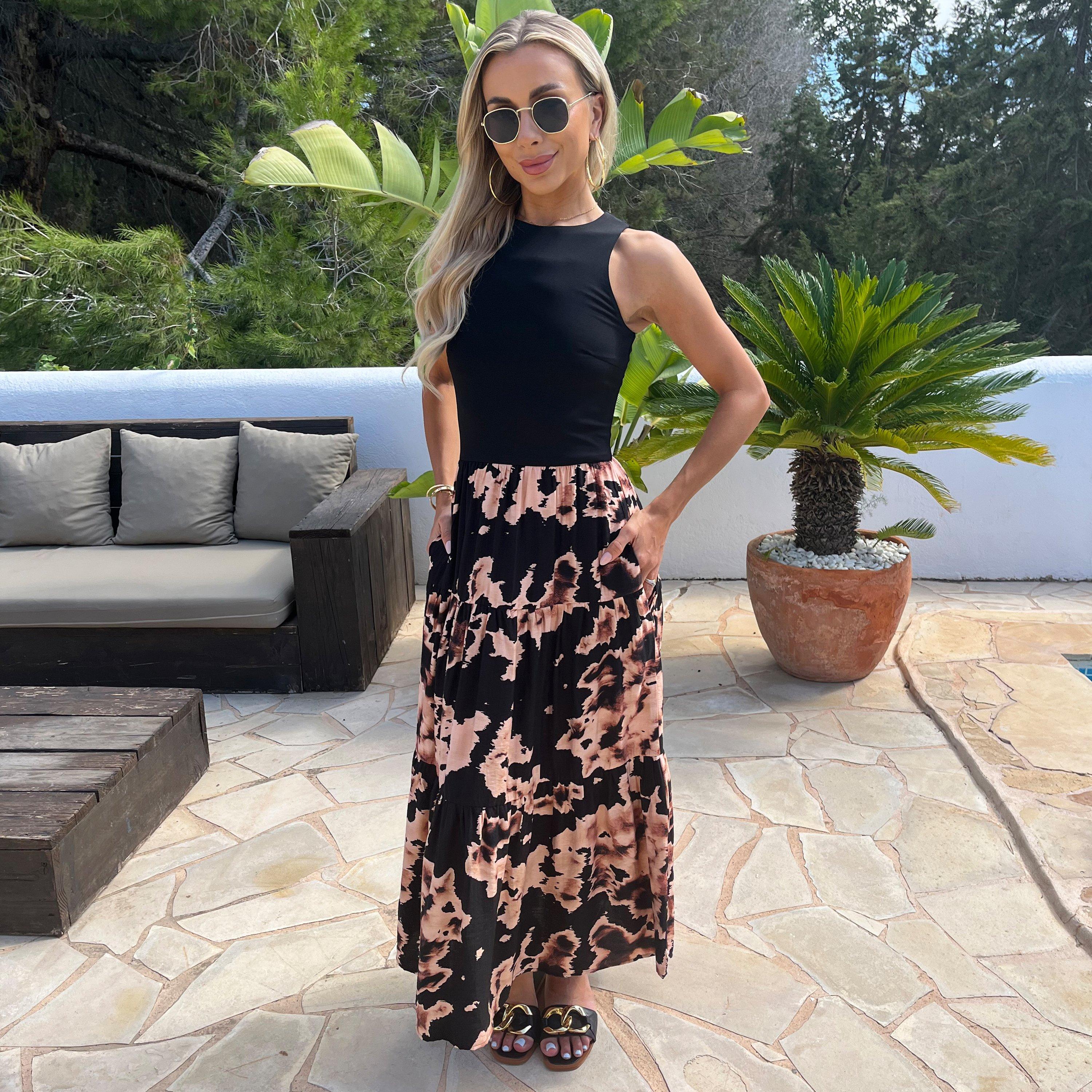 Black - AX Paris - Black Abstract Print 2 In 1 Smock Midi Dress - 1