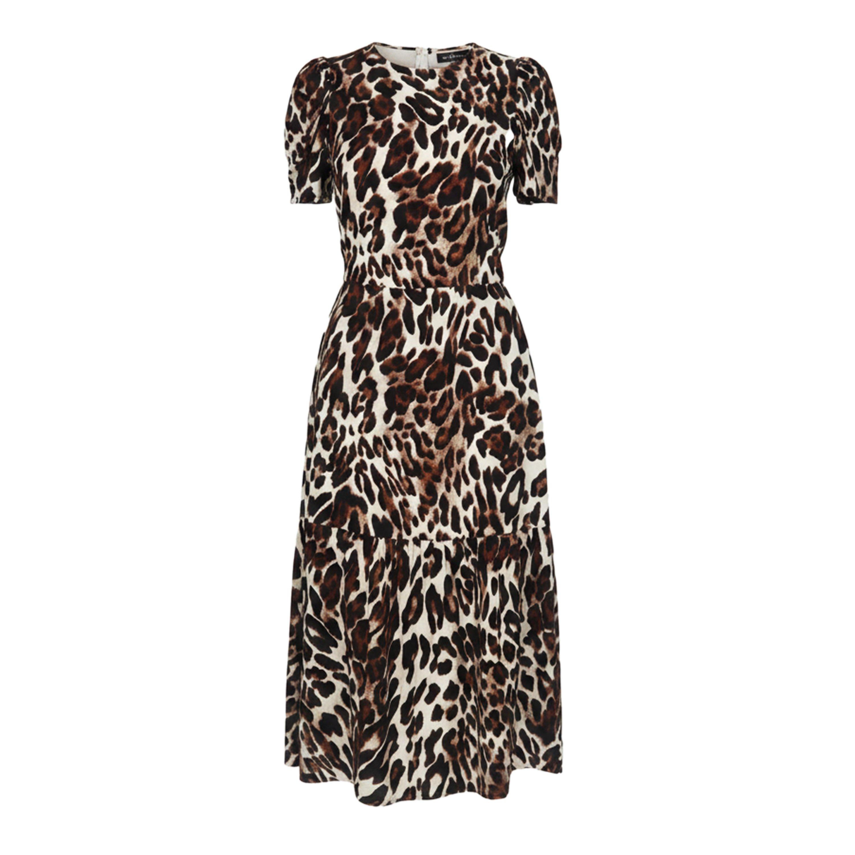 Brown - AX Paris - Brown Leopard Print Puff Sleeve Smock Midi Dress - 1