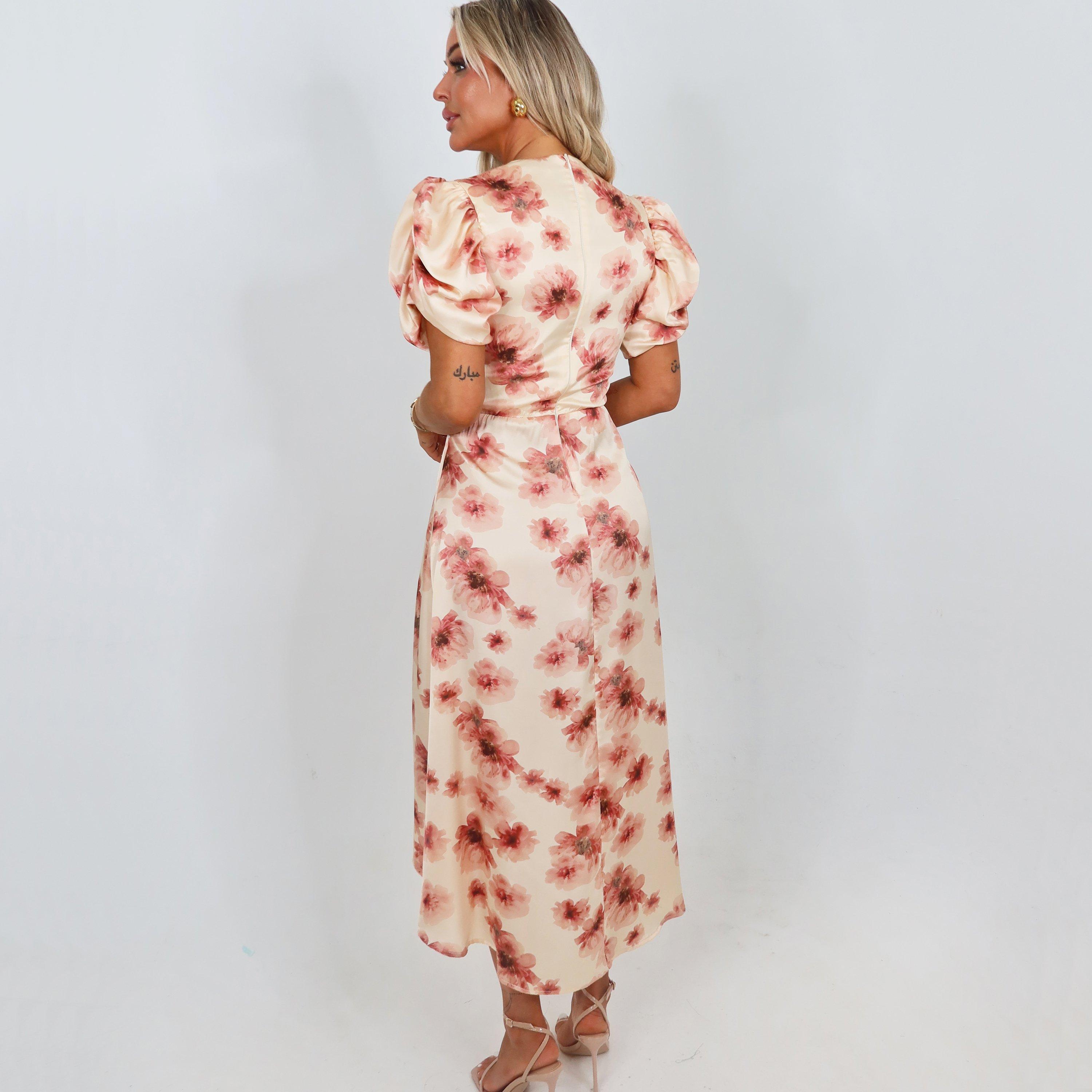 Blush - AX Paris - Floral Print Puff Sleeve Gathered Side Midi Dress - 3