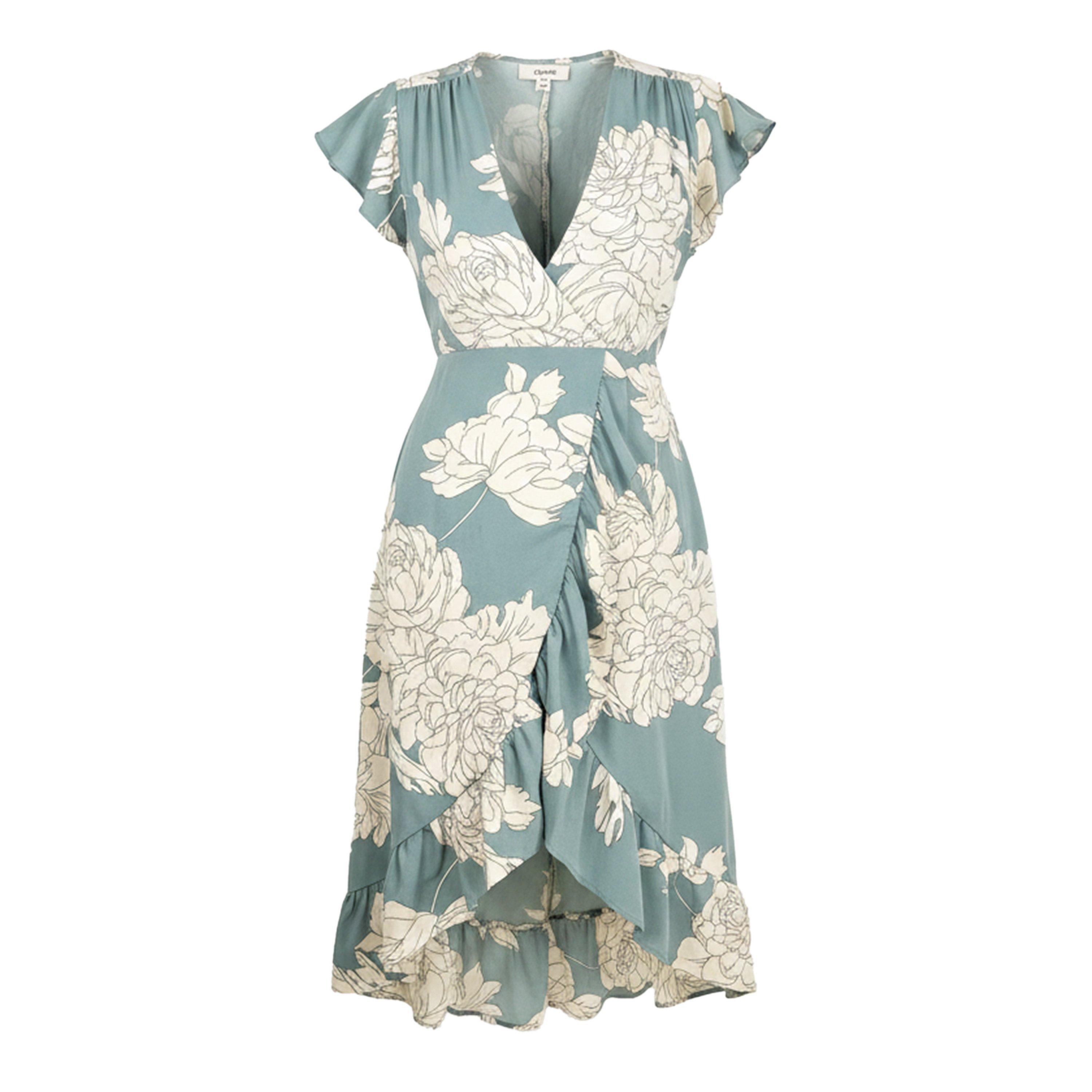 Duck Egg - AX Paris - Duck Egg And Cream Floral Print Frill Hem Wrap Midi Dress - 1