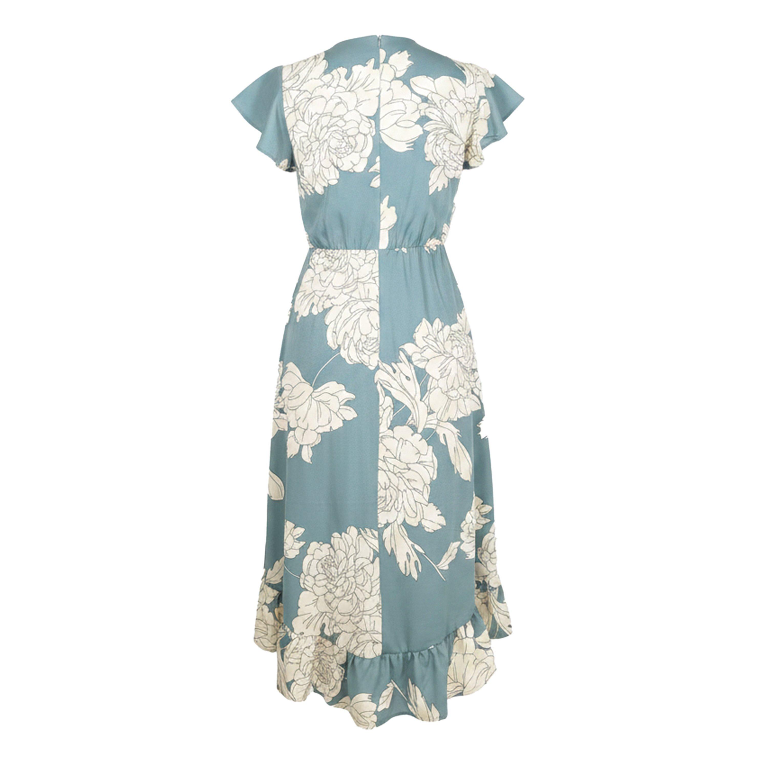 Huevo de pato - AX Paris - Duck Egg And Cream Floral Print Frill Hem Wrap Midi Dress - 2