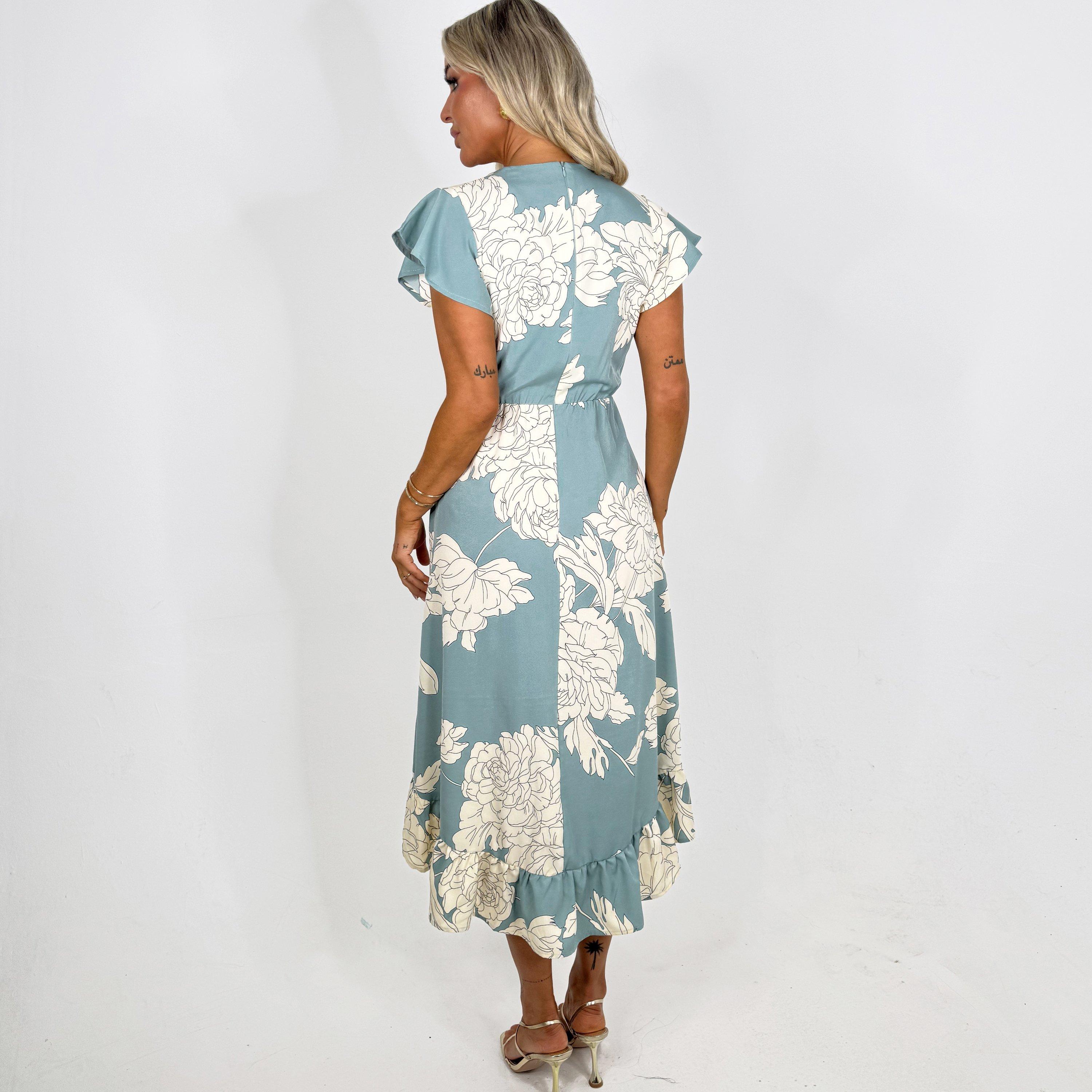 Duck Egg - AX Paris - Egg And Cream Floral Print Frill Hem Wrap Midi Dress - 3