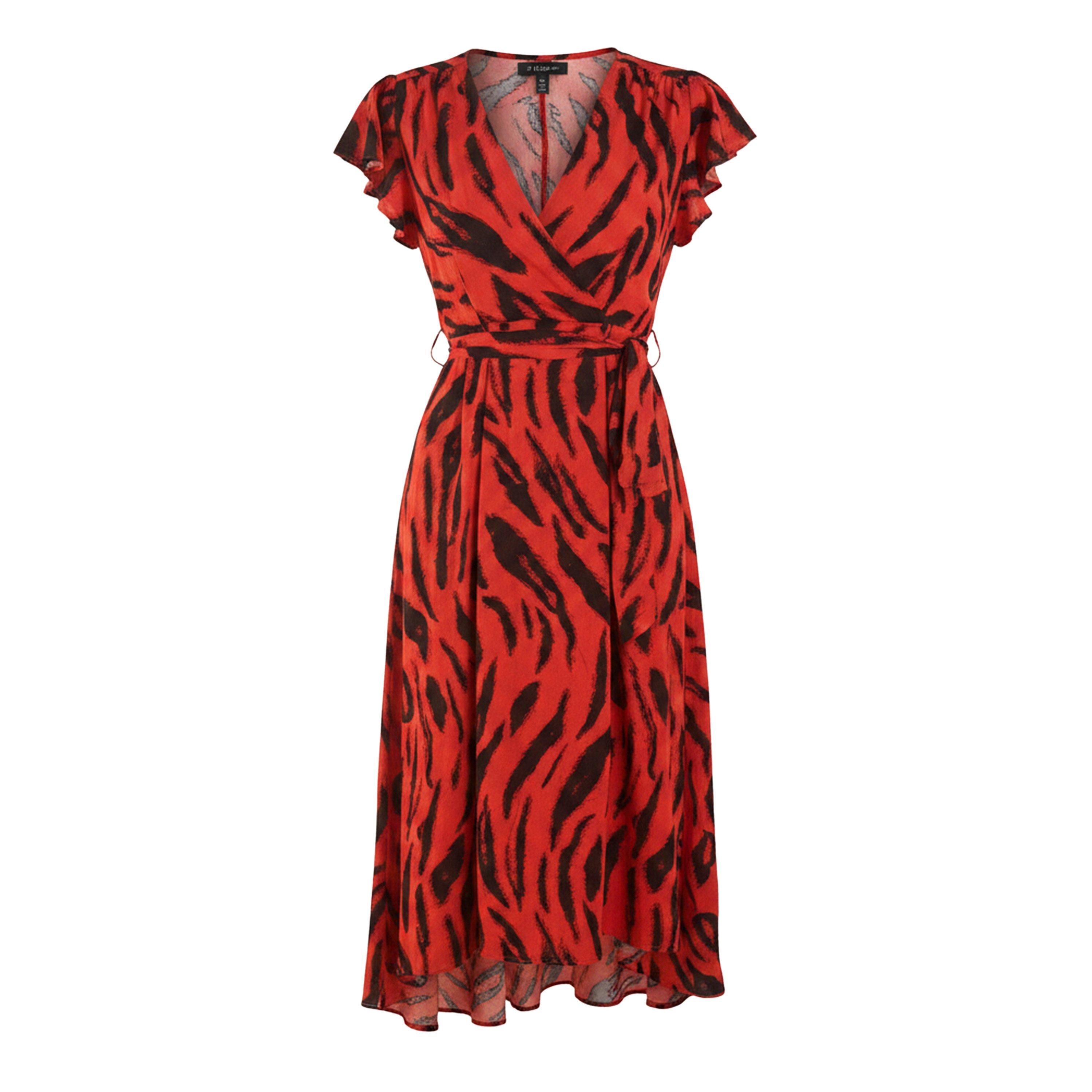 Orange - AX Paris - Orange Tiger Print Flutter Sleeve Belted Wrap Midi Dress - 1