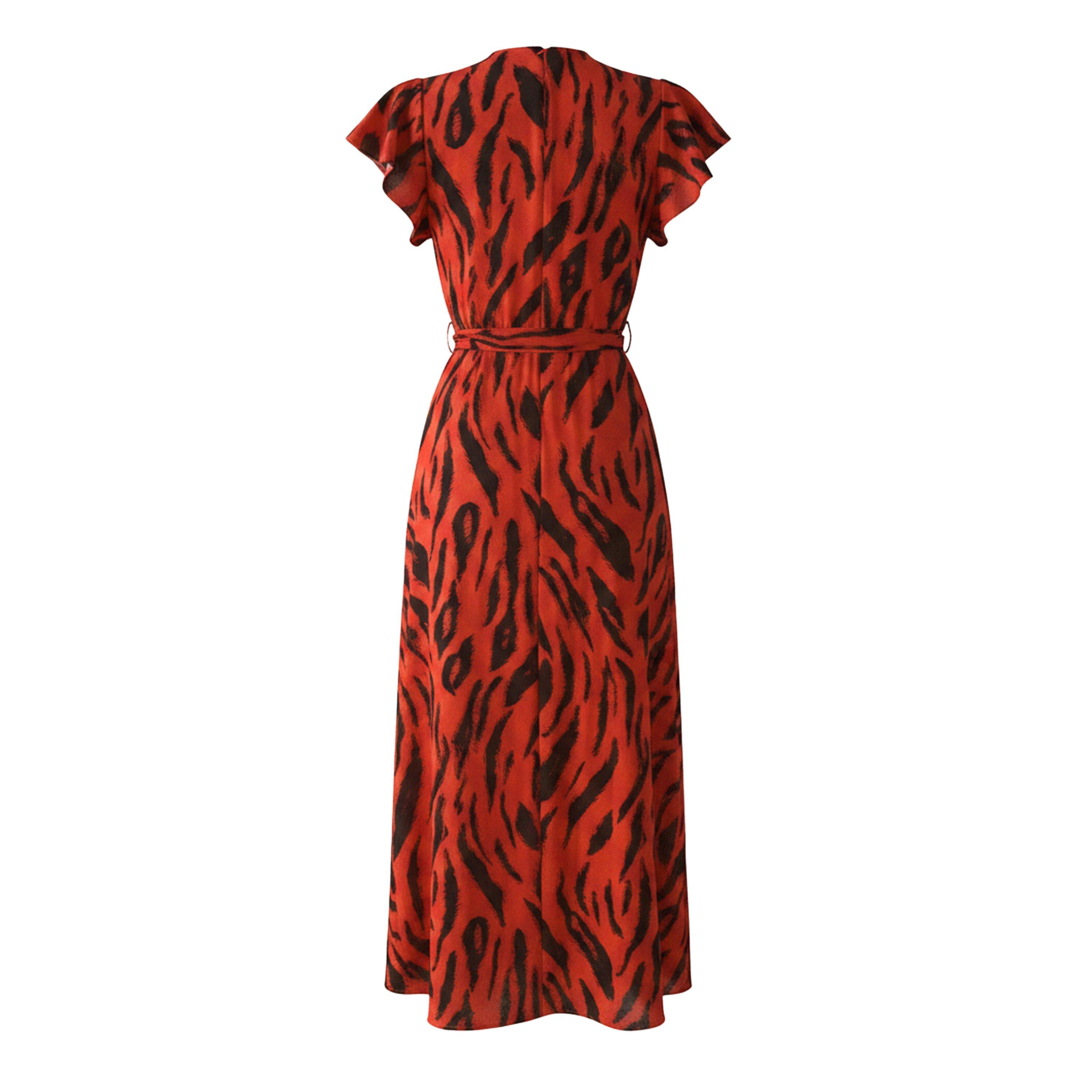 Orange - AX Paris - Orange Tiger Print Flutter Sleeve Belted Wrap Midi Dress - 2