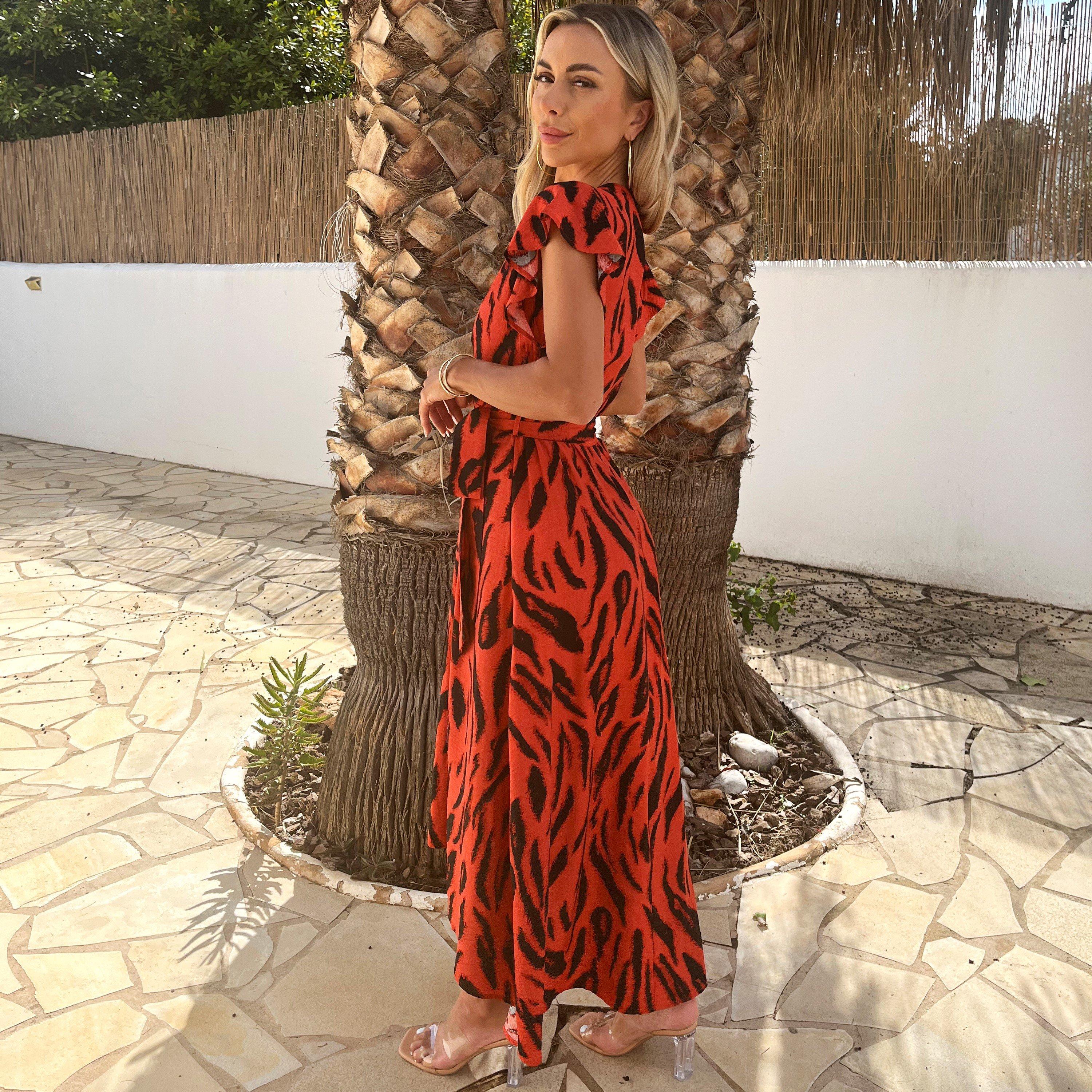 Orange - AX Paris - Orange Tiger Print Flutter Sleeve Belted Wrap Midi Dress - 4
