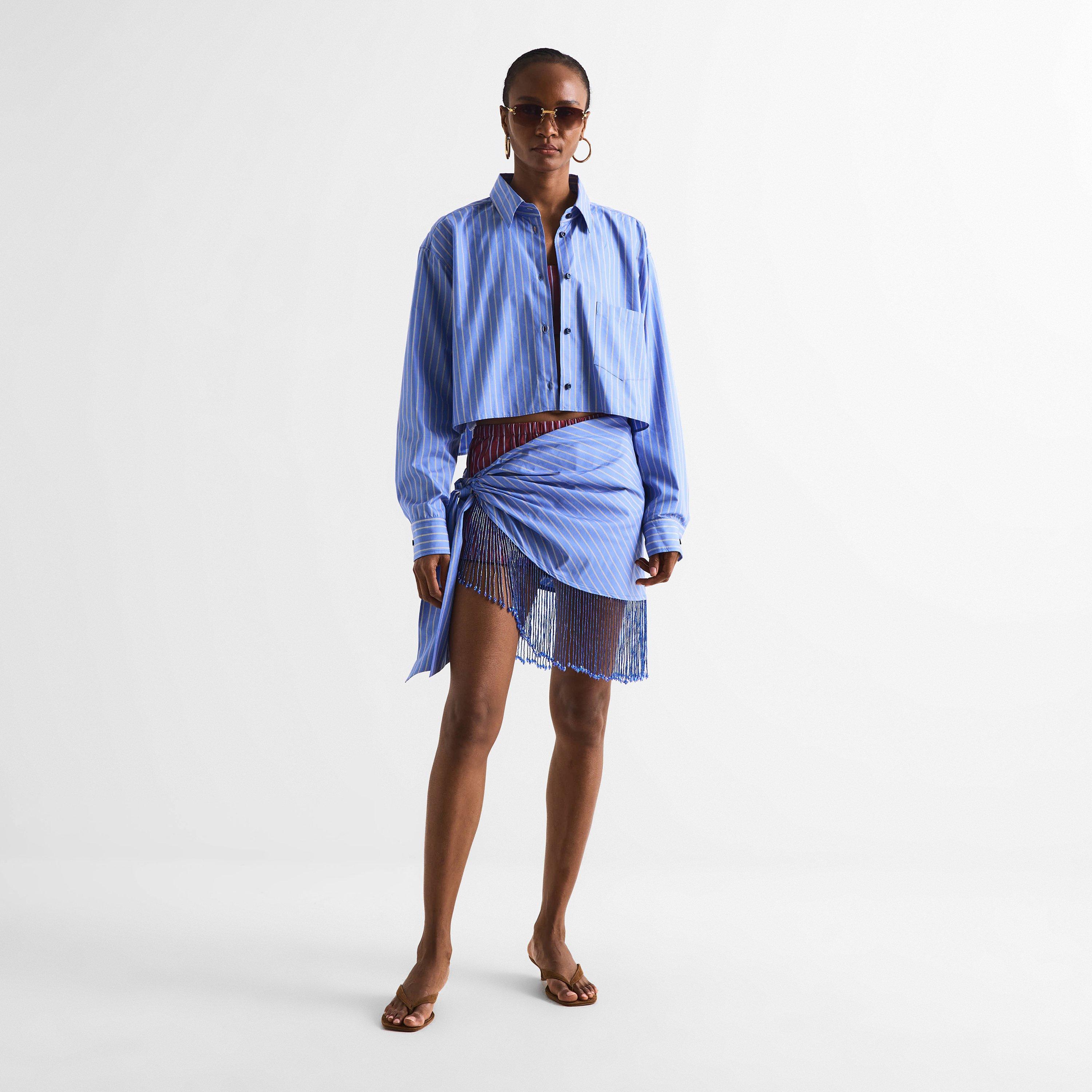 Blue/Saffron - The Andamane - Women's Georgiana Crop Long Sleeve Patterned Shirt - 6