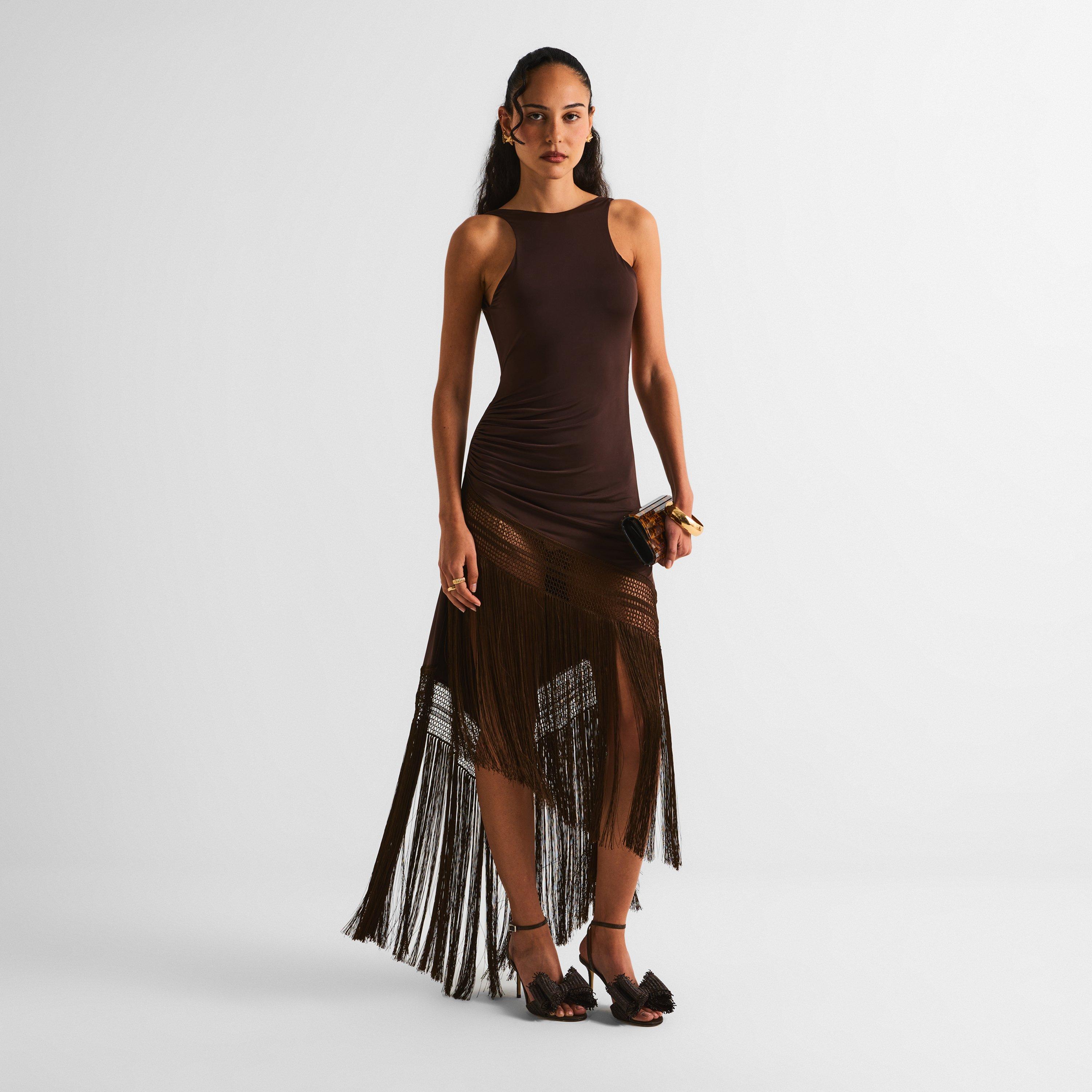 Dark Brown - The Andamane - Women's Marisol Fringe Long Maxi Dress - 6