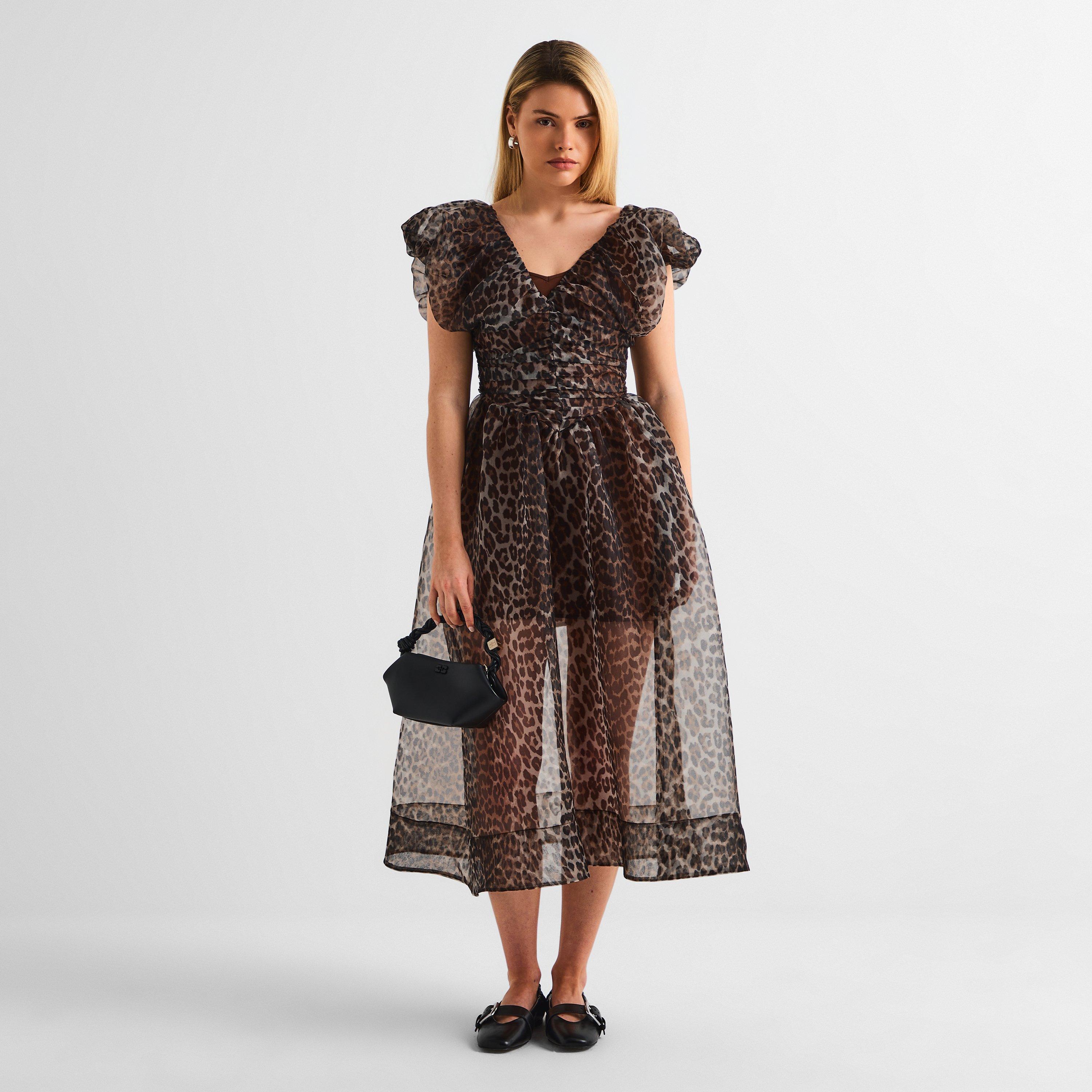 ganni printed organza dress GANNI Organza Mini Dress Size 40 US 8 Green Jacquard Balloon Sleeve Ruched