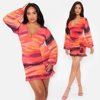 I Saw It First ISAWITFIRST Printed Wrap Ruched Mesh Mini Dress