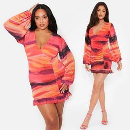 I Saw It First Printed Wrap Ruched Mesh Mini Dress