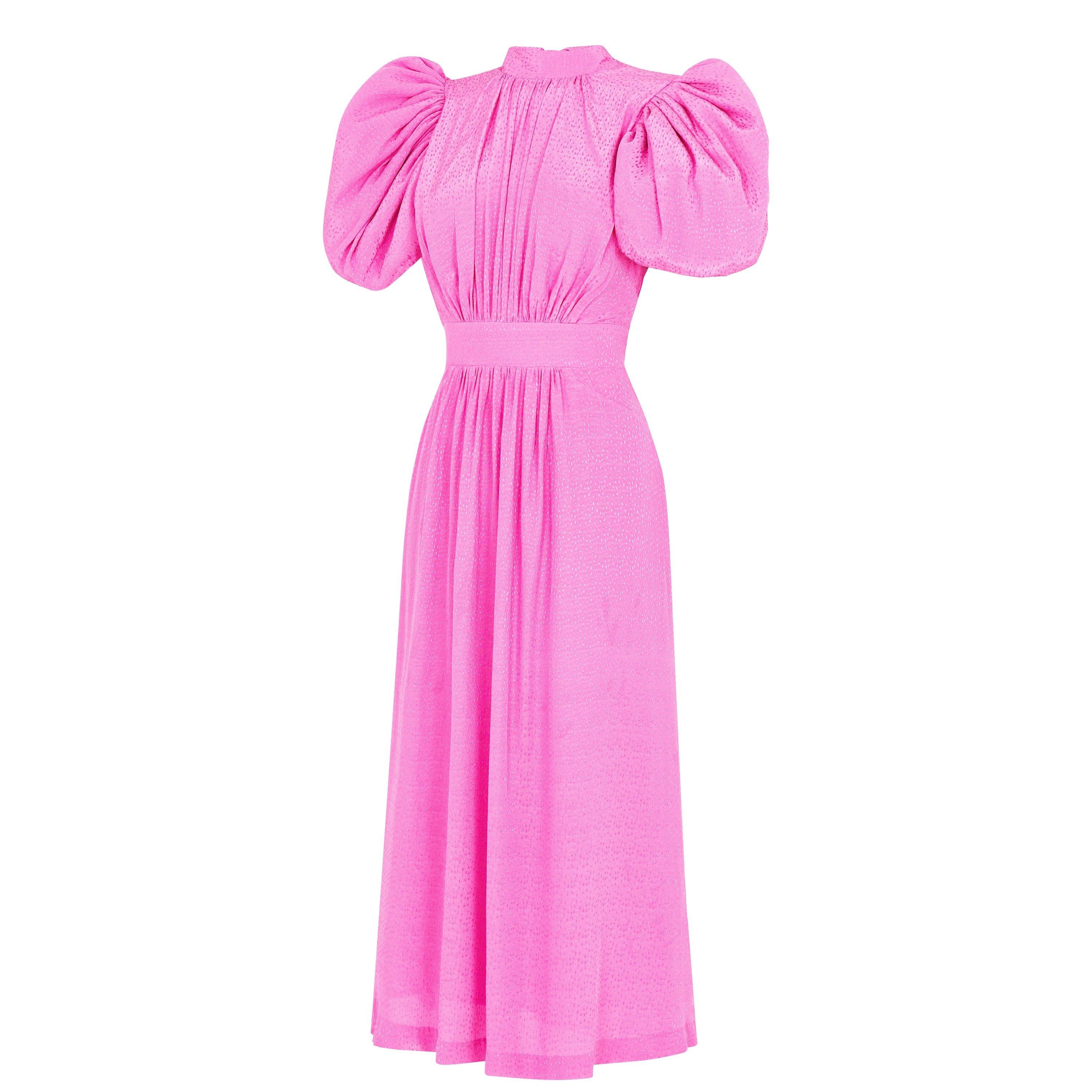 Super Pink 1 - Rotate - Women's Puff Sleeve Midi Dress - 6